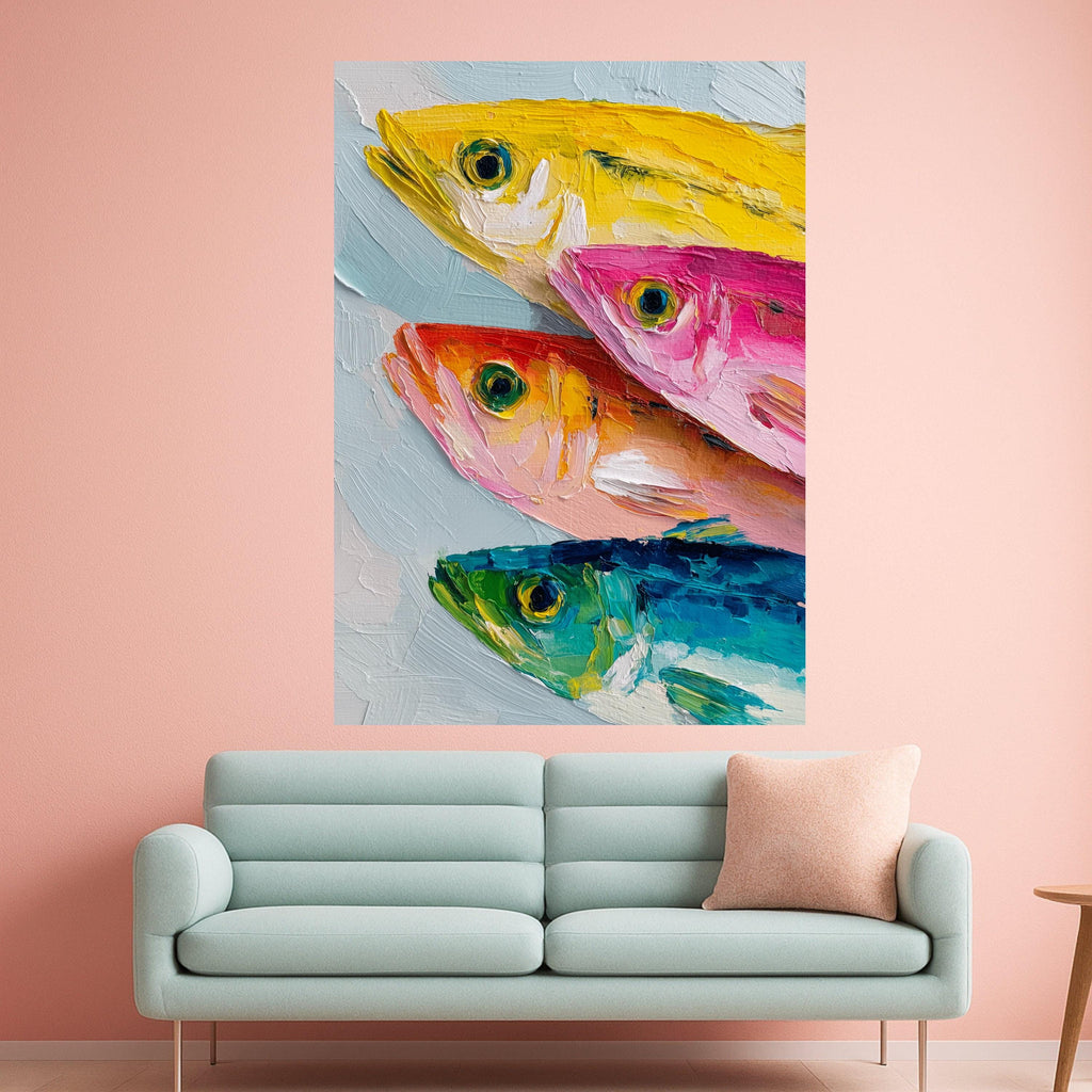 Colorful Fish Canvas Wall Art, Modern Abstract Seafood Painting, Vibrant Ocean Life Canvas, Marine Decor, Ready to Hang Wall Art