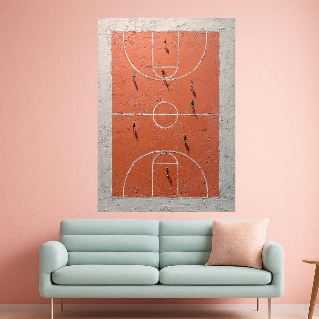 Basketball Court Aerial View Canvas, Sports Wall Art, Urban Game Scene Canvas, Abstract Court Art, Home Decor for Sports Fans
