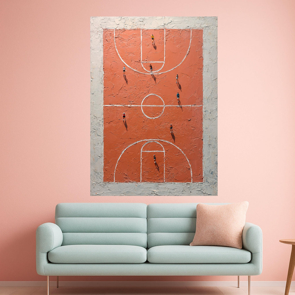 Basketball Court Aerial View Canvas, Sports Wall Art, Urban Game Scene Canvas, Abstract Court Art, Home Decor for Sports Fans