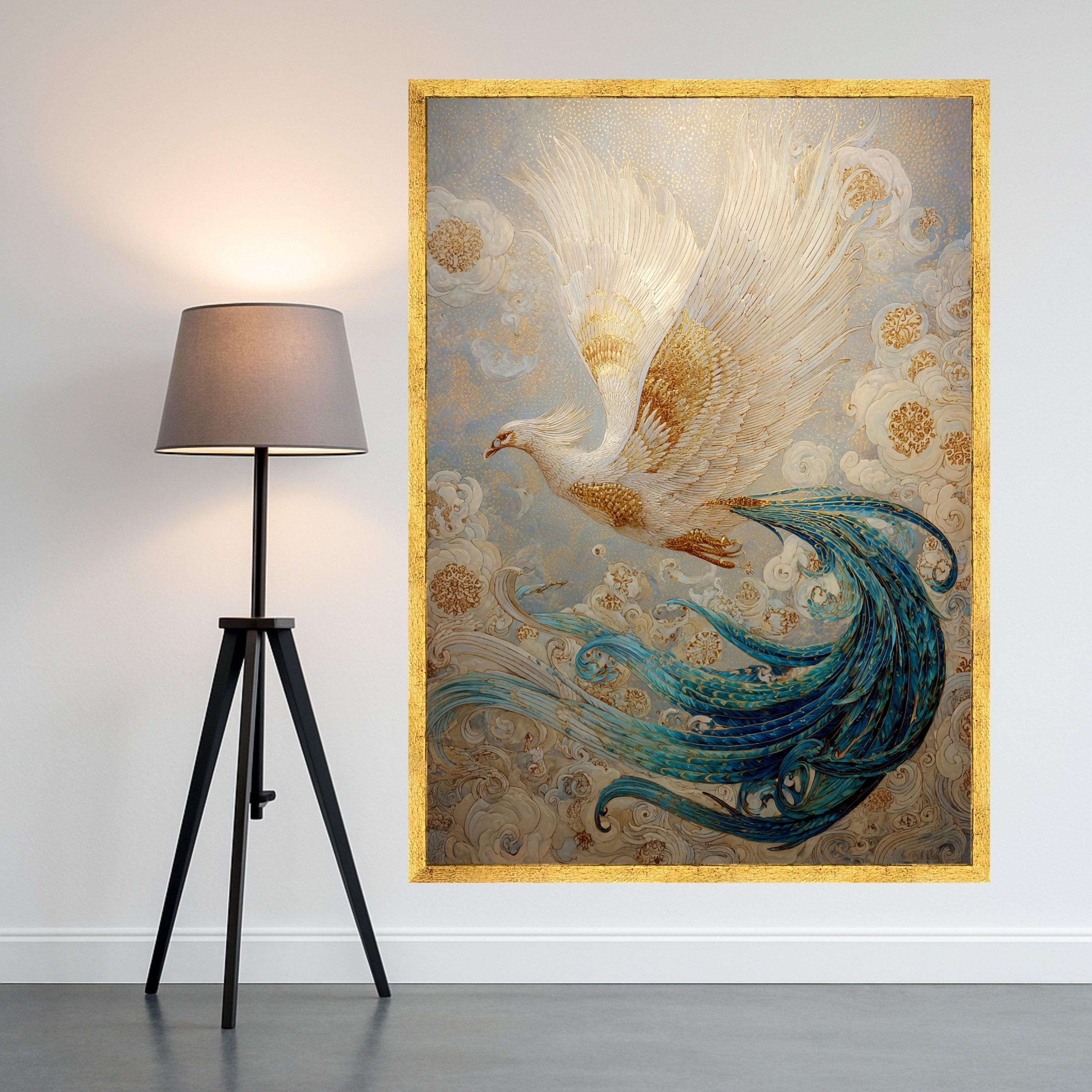 Golden White Phoenix Canvas Wall Art, Mythical Bird Illustration, Blue Tail Feather Painting, Fantasy Home Decor, Ready to Hang Wall Art