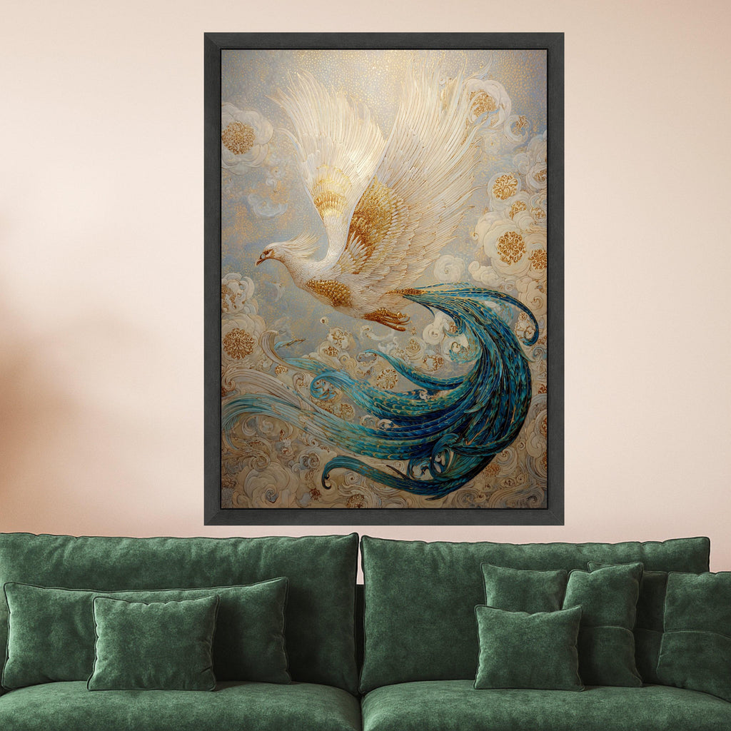 Golden White Phoenix Canvas Wall Art, Mythical Bird Illustration, Blue Tail Feather Painting, Fantasy Home Decor, Ready to Hang Wall Art