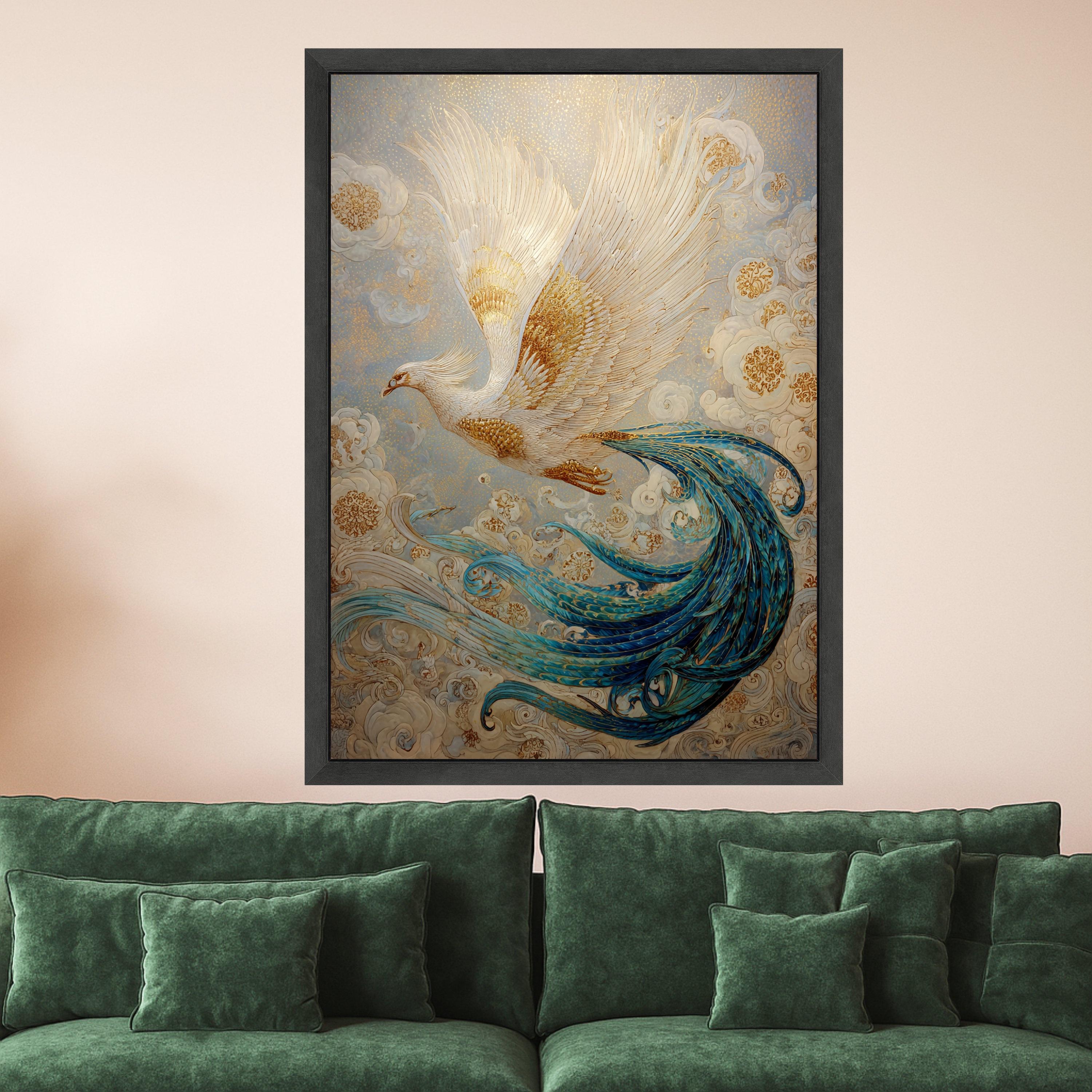 Golden White Phoenix Canvas Wall Art, Mythical Bird Illustration, Blue Tail Feather Painting, Fantasy Home Decor, Ready to Hang Wall Art
