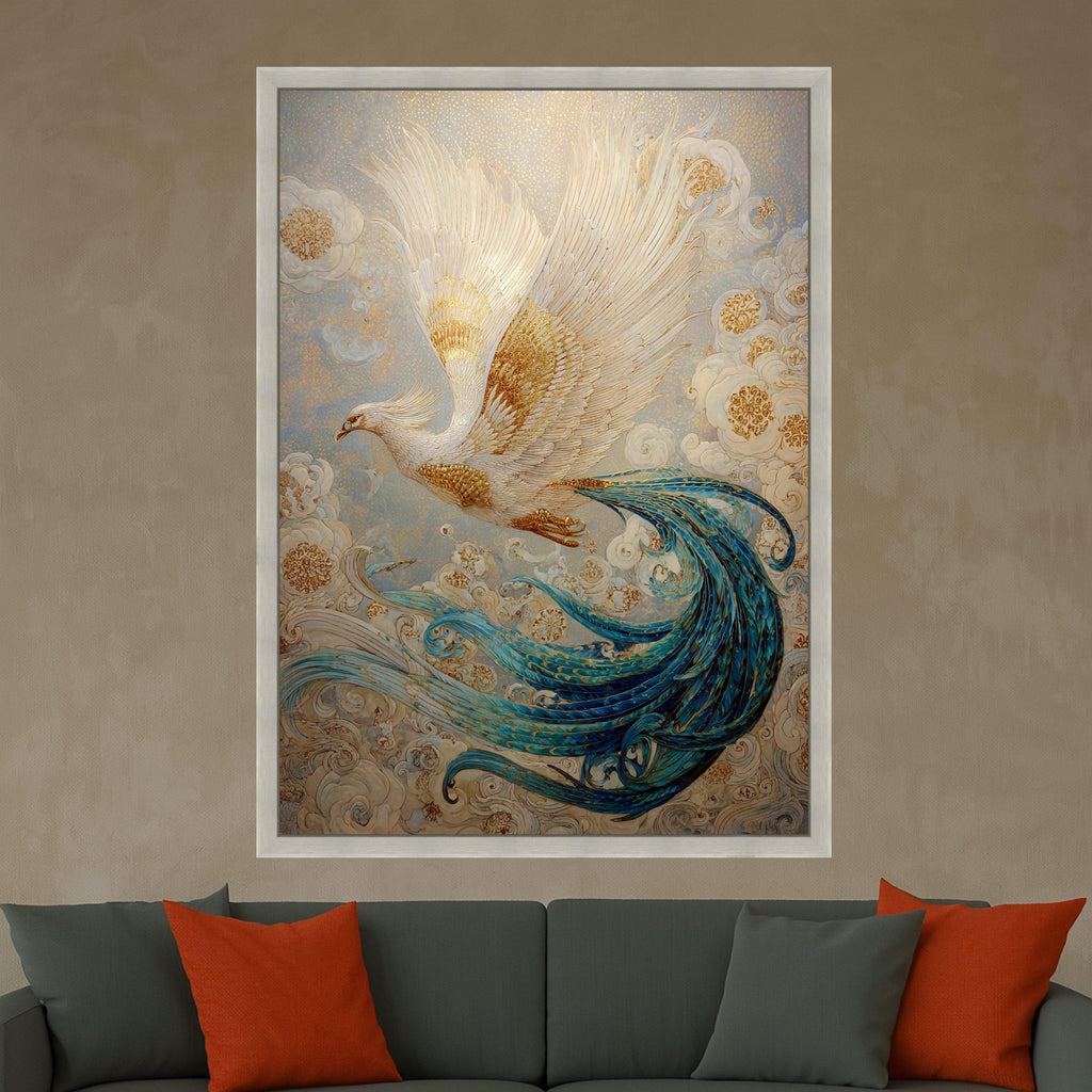 Golden White Phoenix Canvas Wall Art, Mythical Bird Illustration, Blue Tail Feather Painting, Fantasy Home Decor, Ready to Hang Wall Art