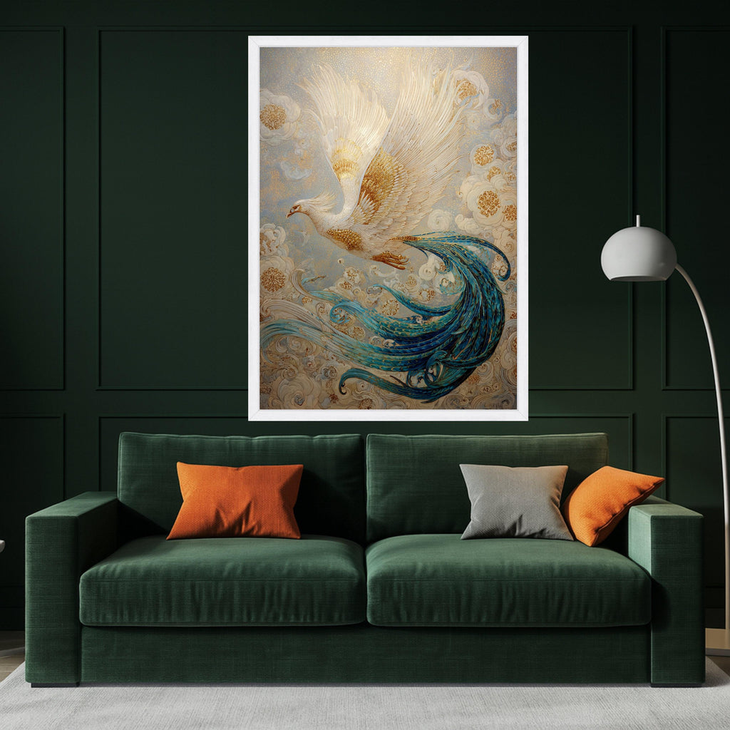 Golden White Phoenix Canvas Wall Art, Mythical Bird Illustration, Blue Tail Feather Painting, Fantasy Home Decor, Ready to Hang Wall Art