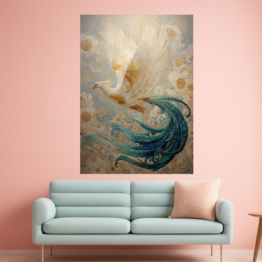 Golden White Phoenix Canvas Wall Art, Mythical Bird Illustration, Blue Tail Feather Painting, Fantasy Home Decor, Ready to Hang Wall Art