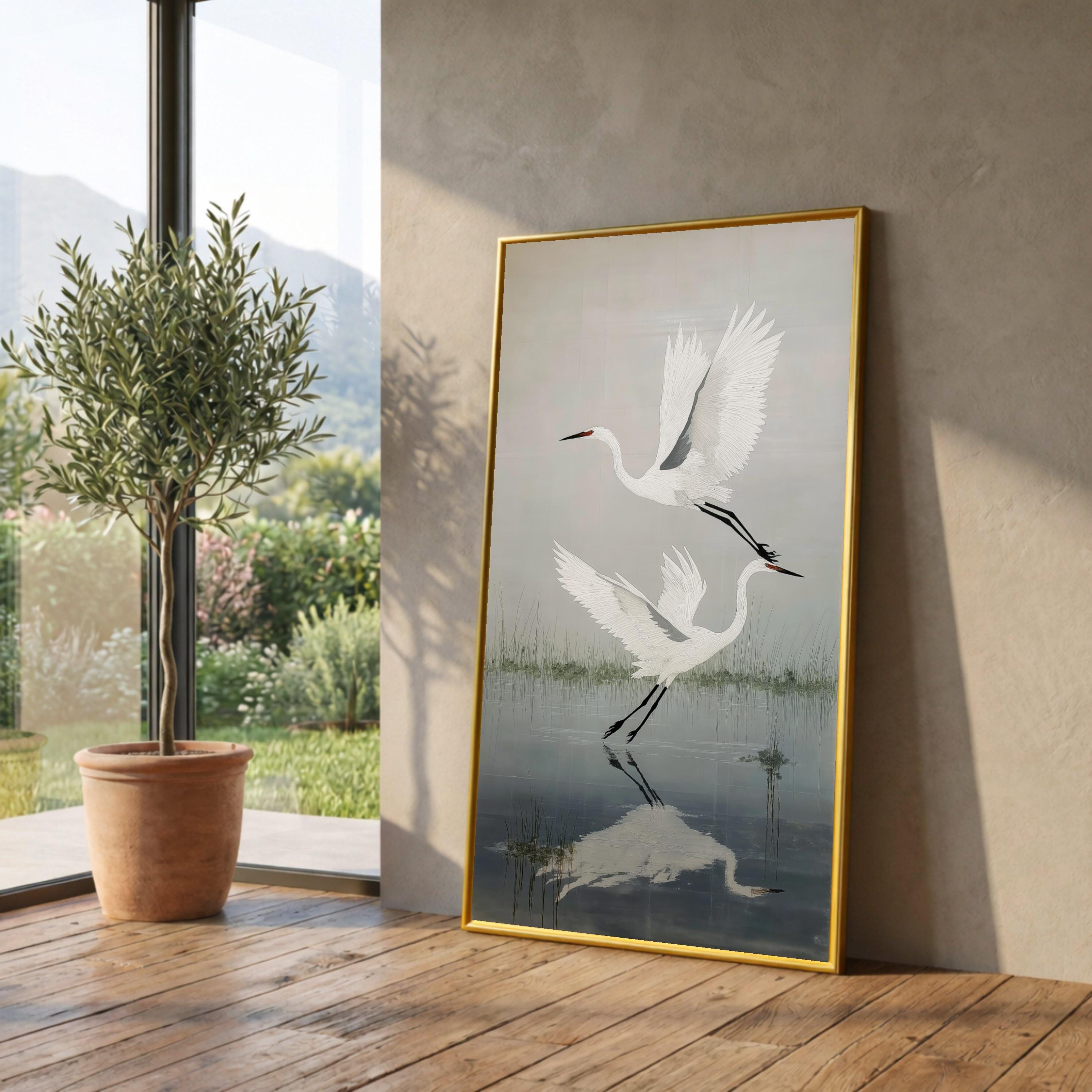 Elegant White Herons Flying Canvas, Nature Bird Wall Art, Water Reflection Decor, Tranquil Wetlands Scene, Wildlife Canvas Painting