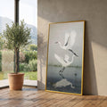 Elegant White Herons Flying Canvas, Nature Bird Wall Art, Water Reflection Decor, Tranquil Wetlands Scene, Wildlife Canvas Painting