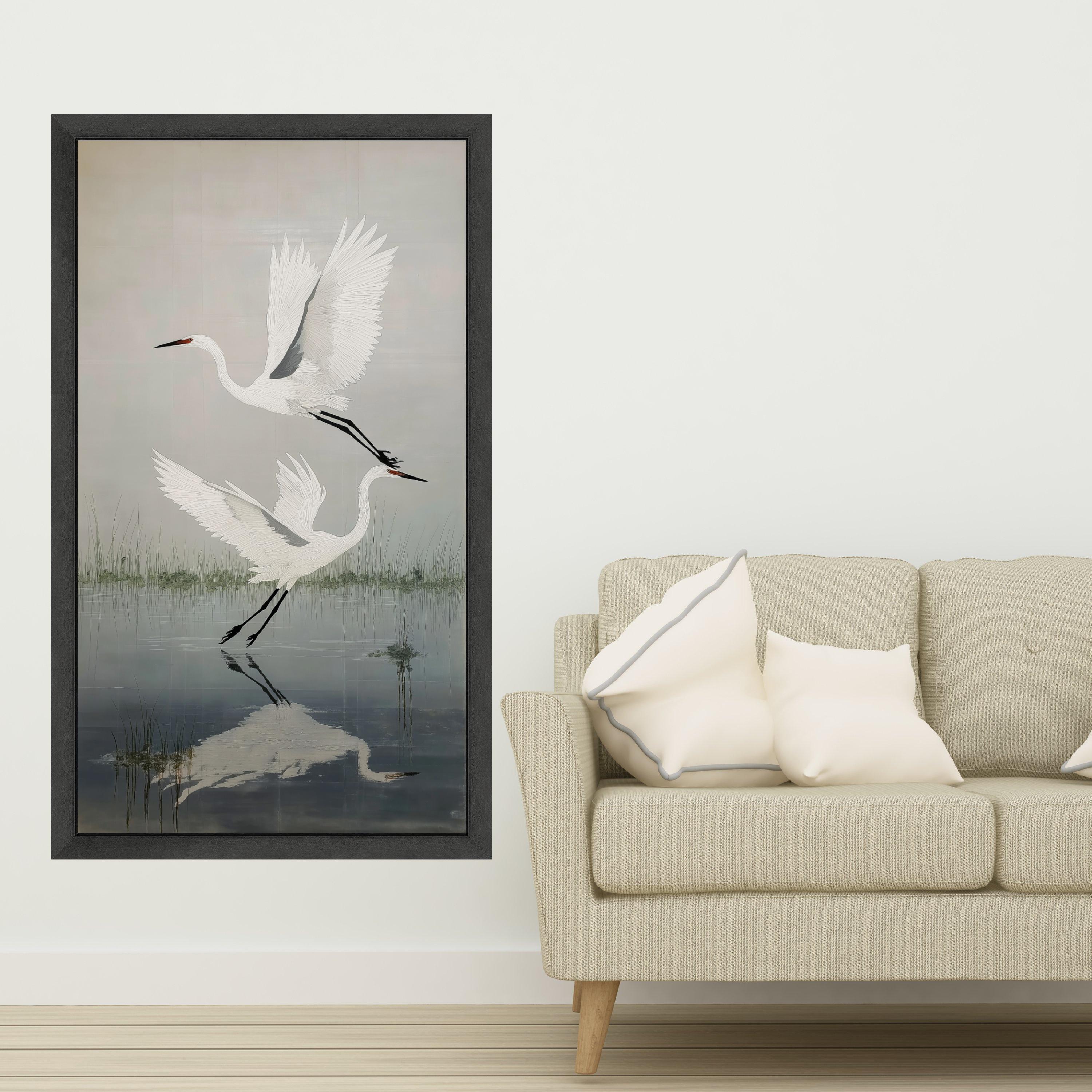 Elegant White Herons Flying Canvas, Nature Bird Wall Art, Water Reflection Decor, Tranquil Wetlands Scene, Wildlife Canvas Painting