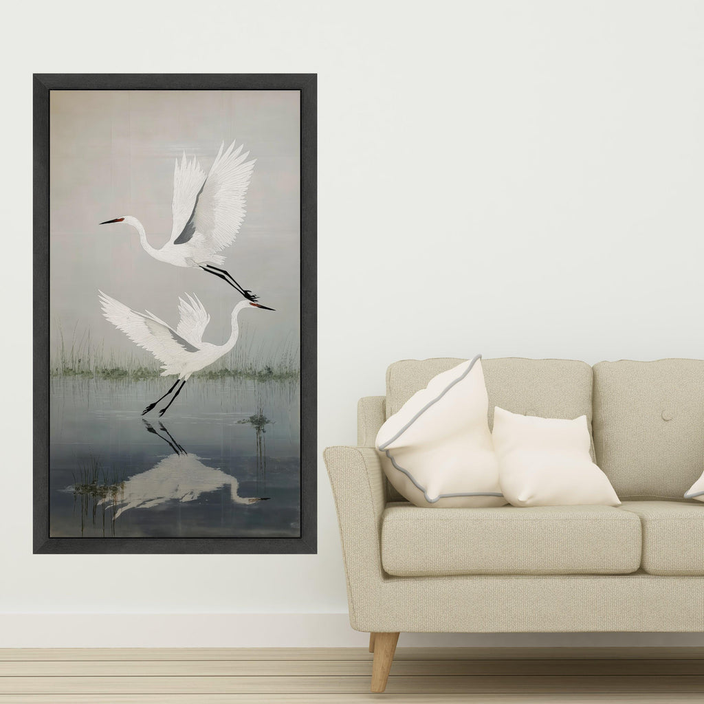 Elegant White Herons Flying Canvas, Nature Bird Wall Art, Water Reflection Decor, Tranquil Wetlands Scene, Wildlife Canvas Painting
