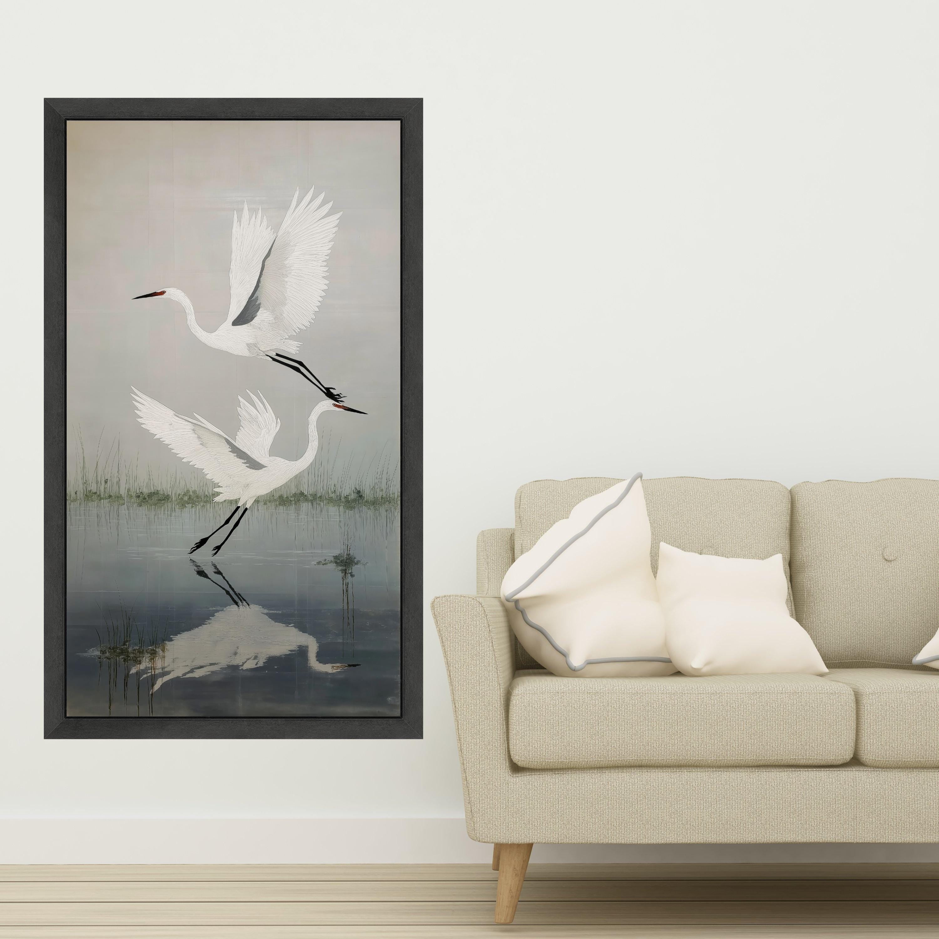 Elegant White Herons Flying Canvas, Nature Bird Wall Art, Water Reflection Decor, Tranquil Wetlands Scene, Wildlife Canvas Painting