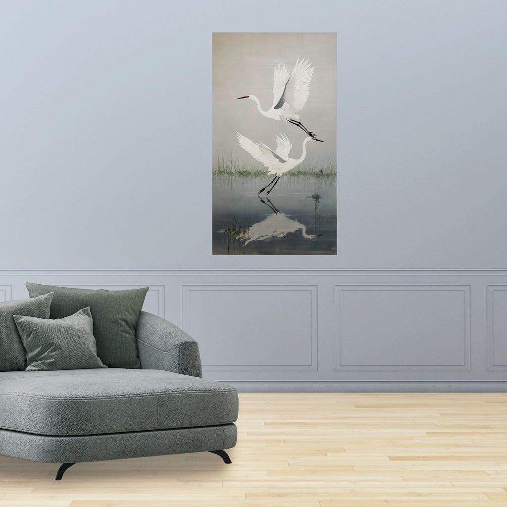 Elegant White Herons Flying Canvas, Nature Bird Wall Art, Water Reflection Decor, Tranquil Wetlands Scene, Wildlife Canvas Painting