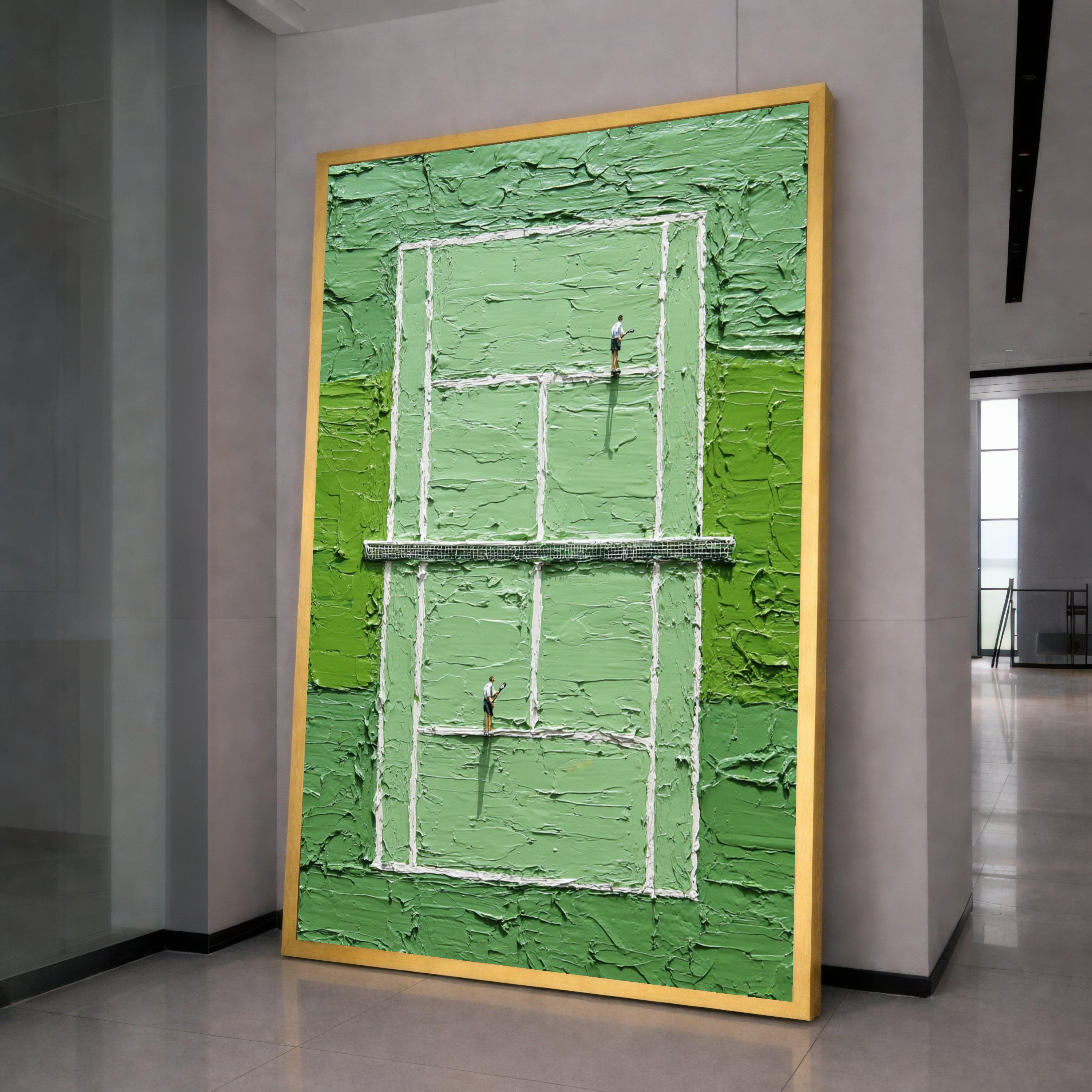 Abstract Tennis Court Canvas, Green Wall Art, Sports Scene Painting, Modern Athletic Decor, Unique Tennis Player Artwork