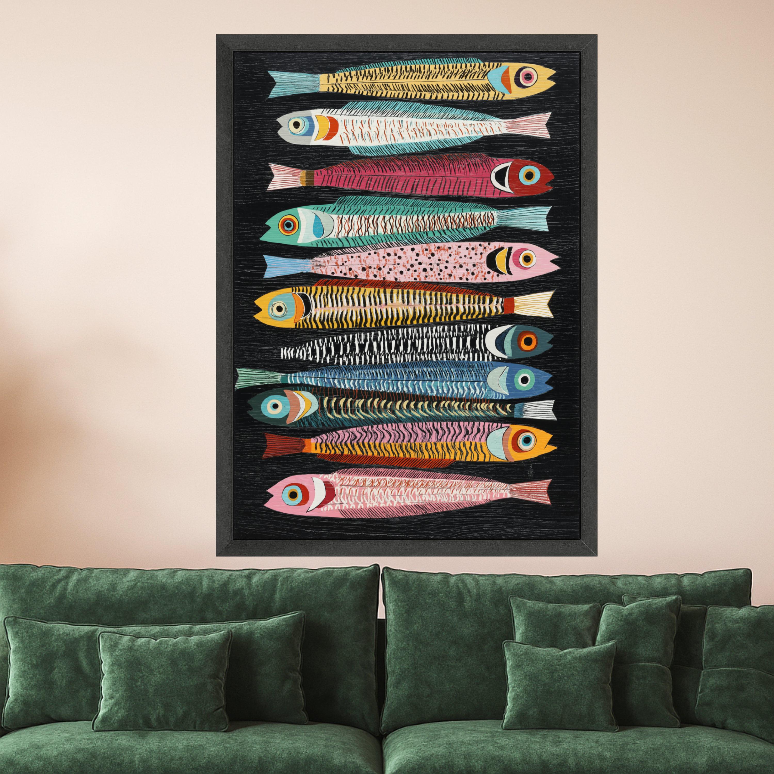 Colorful Sardine Fish Canvas, Nautical Wall Art, Modern Ocean Decor, Vibrant Sea Life Painting, Coastal Canvas Print, Ready to Hang