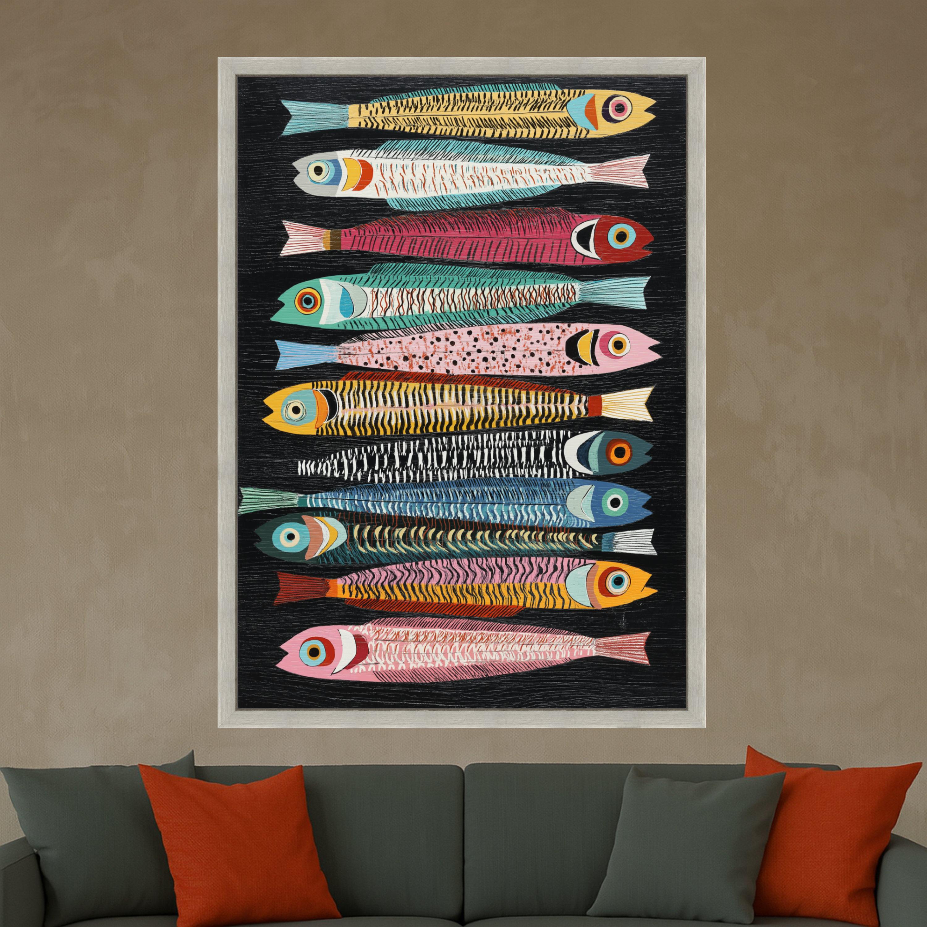Colorful Sardine Fish Canvas, Nautical Wall Art, Modern Ocean Decor, Vibrant Sea Life Painting, Coastal Canvas Print, Ready to Hang
