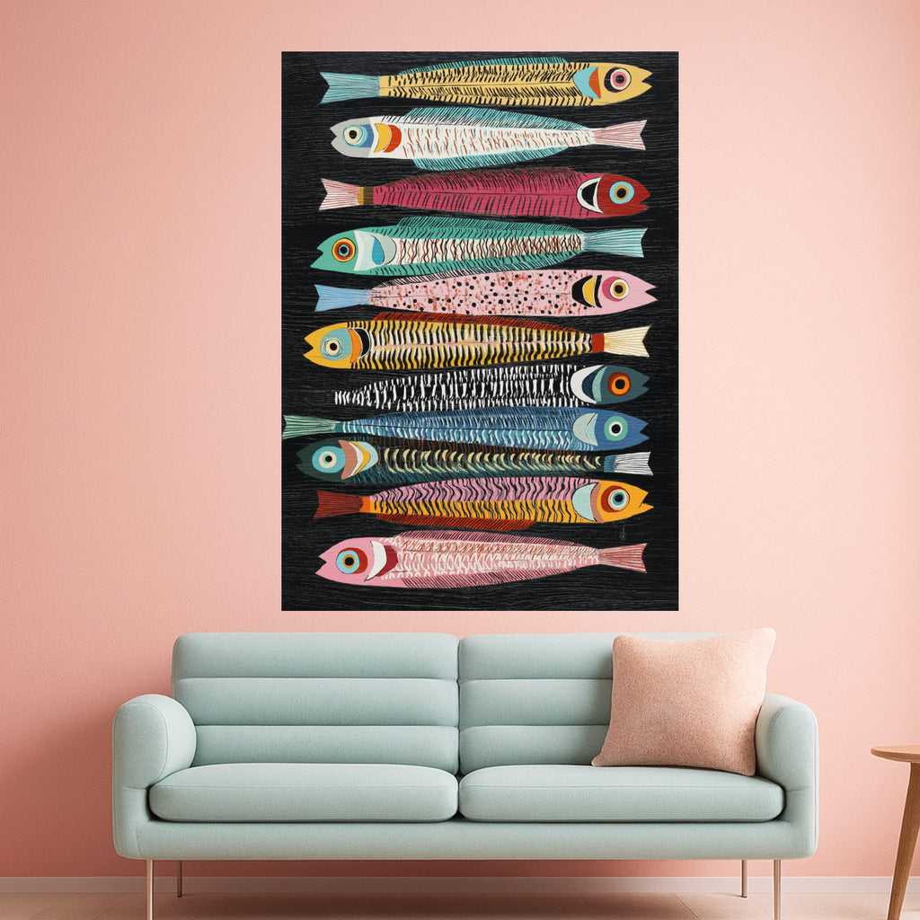 Colorful Sardine Fish Canvas, Nautical Wall Art, Modern Ocean Decor, Vibrant Sea Life Painting, Coastal Canvas Print, Ready to Hang