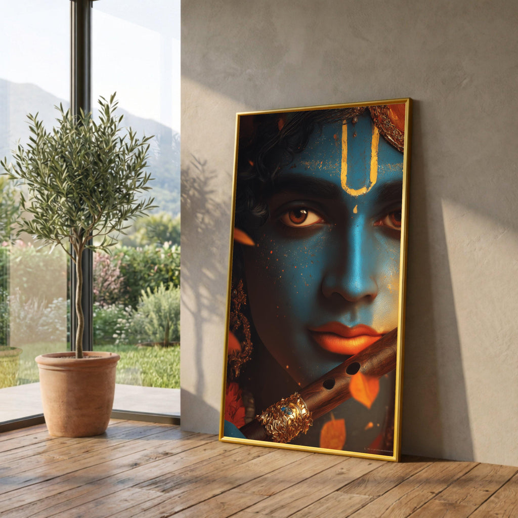 Divine Krishna Portrait Canvas, Blue Face Wall Art, Indian God Mythology Canvas, Spiritual Home Decor, Ready to Hang Artwork