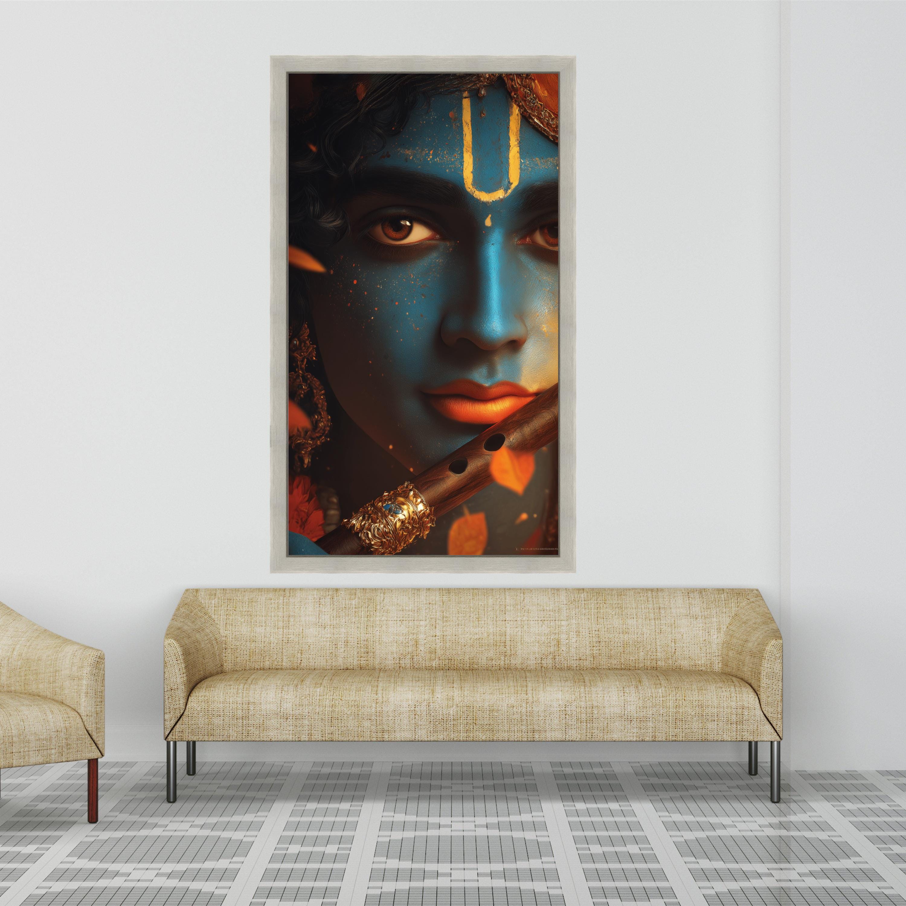 Divine Krishna Portrait Canvas, Blue Face Wall Art, Indian God Mythology Canvas, Spiritual Home Decor, Ready to Hang Artwork