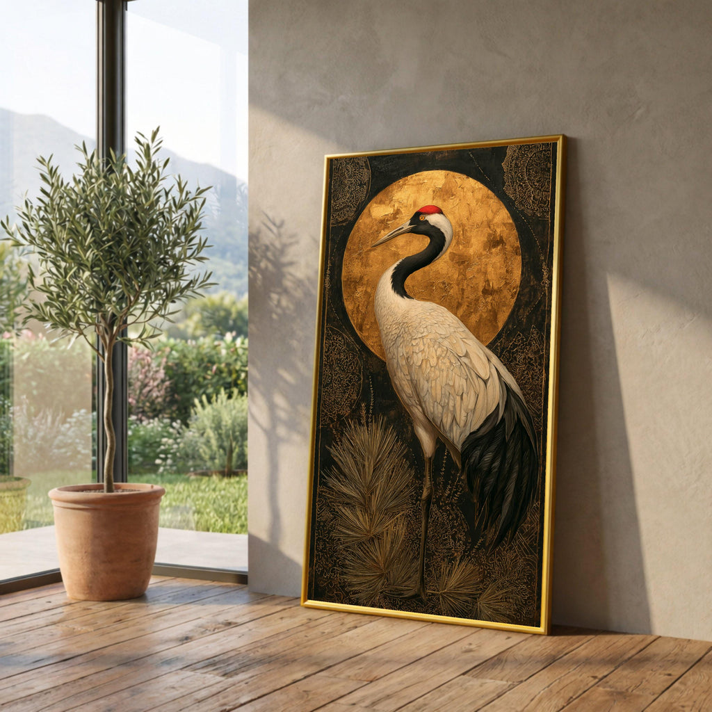 Elegant Crane Bird Canvas Wall Art, Gold Accent Nature Painting, Asian Inspired Bird Decor, Modern Wildlife Canvas, Ready to Hang Home