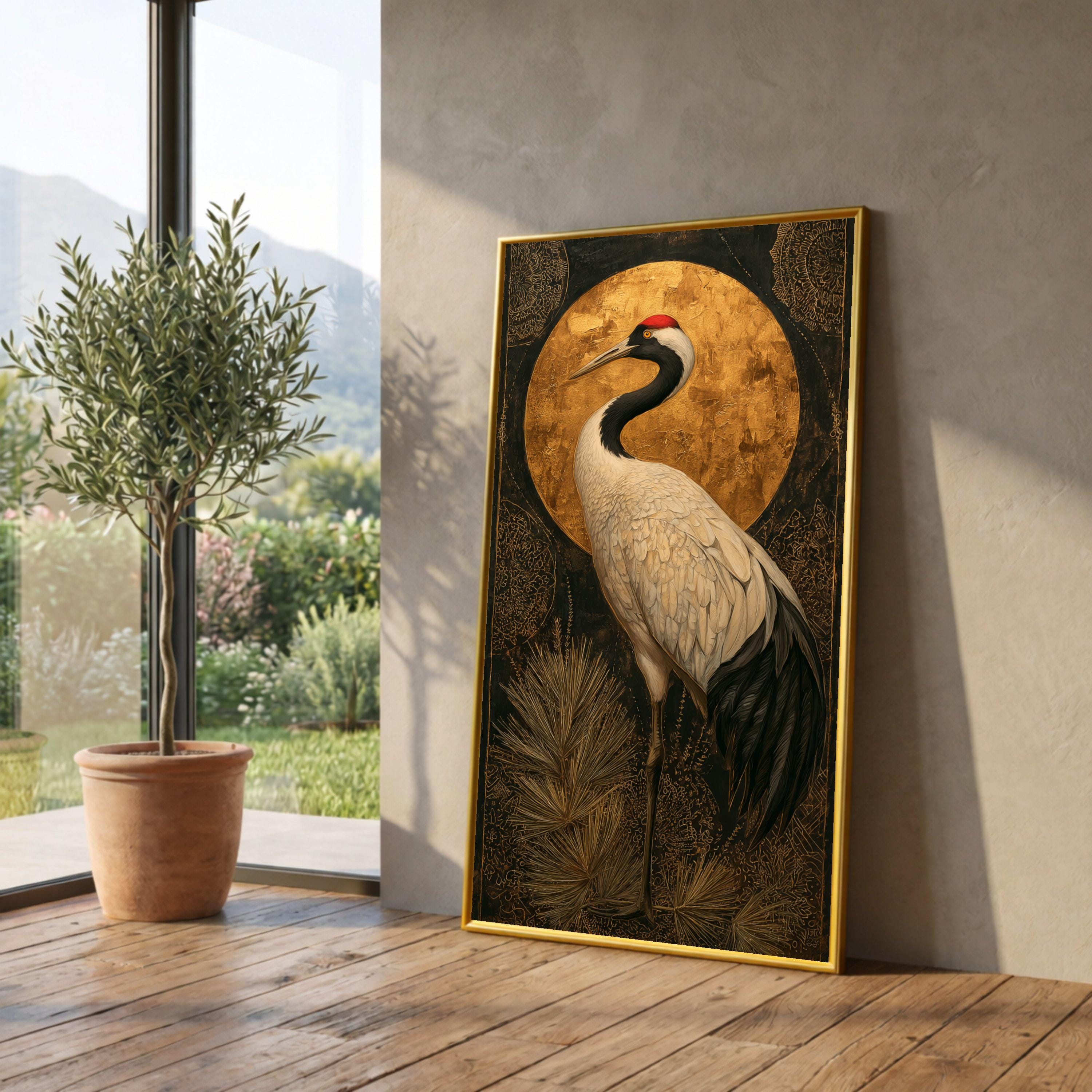 Elegant Crane Bird Canvas Wall Art, Gold Accent Nature Painting, Asian Inspired Bird Decor, Modern Wildlife Canvas, Ready to Hang Home