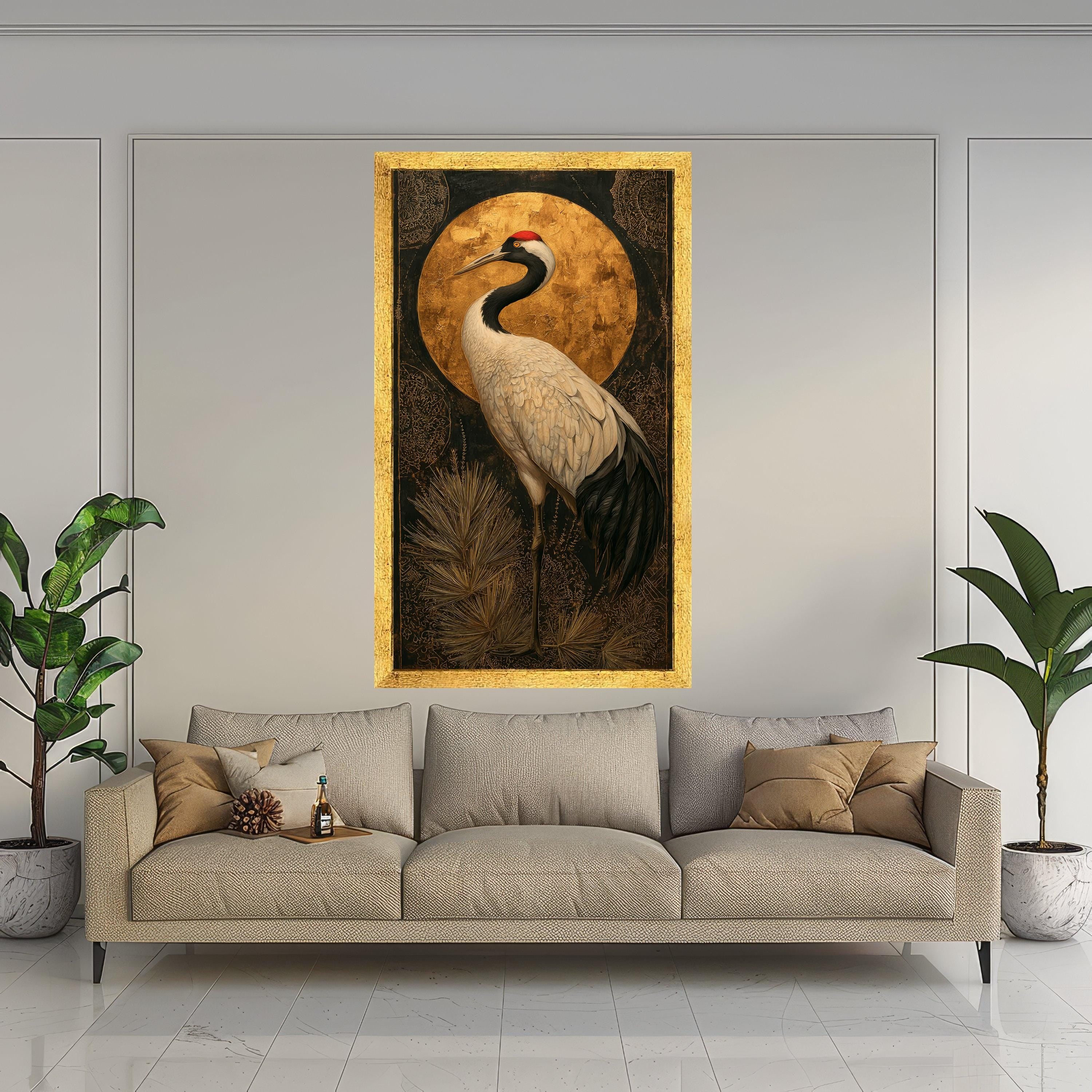 Elegant Crane Bird Canvas Wall Art, Gold Accent Nature Painting, Asian Inspired Bird Decor, Modern Wildlife Canvas, Ready to Hang Home