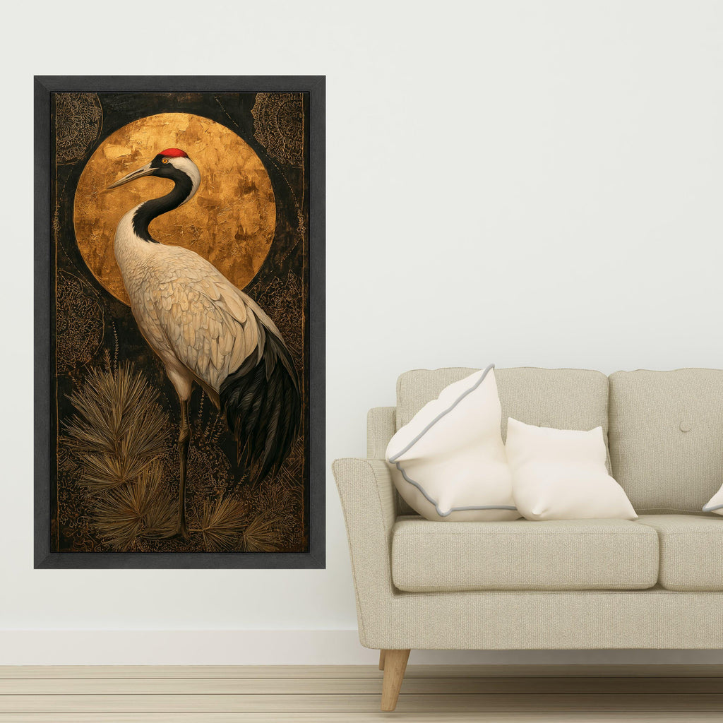Elegant Crane Bird Canvas Wall Art, Gold Accent Nature Painting, Asian Inspired Bird Decor, Modern Wildlife Canvas, Ready to Hang Home