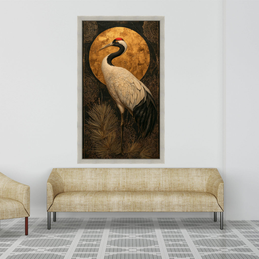 Elegant Crane Bird Canvas Wall Art, Gold Accent Nature Painting, Asian Inspired Bird Decor, Modern Wildlife Canvas, Ready to Hang Home