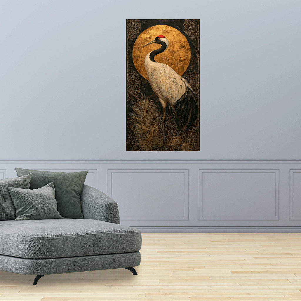 Elegant Crane Bird Canvas Wall Art, Gold Accent Nature Painting, Asian Inspired Bird Decor, Modern Wildlife Canvas, Ready to Hang Home