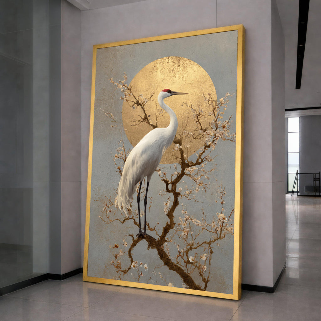 Elegant Crane with Blossoming Branches Canvas, Gold Sun Wall Art, Asian Inspired Nature Scene, Tranquil Bird Decor, Ready to Hang Canvas