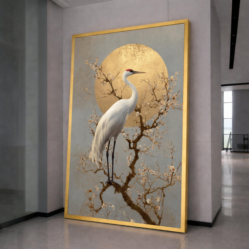 Elegant Crane with Blossoming Branches Canvas, Gold Sun Wall Art, Asian Inspired Nature Scene, Tranquil Bird Decor, Ready to Hang Canvas
