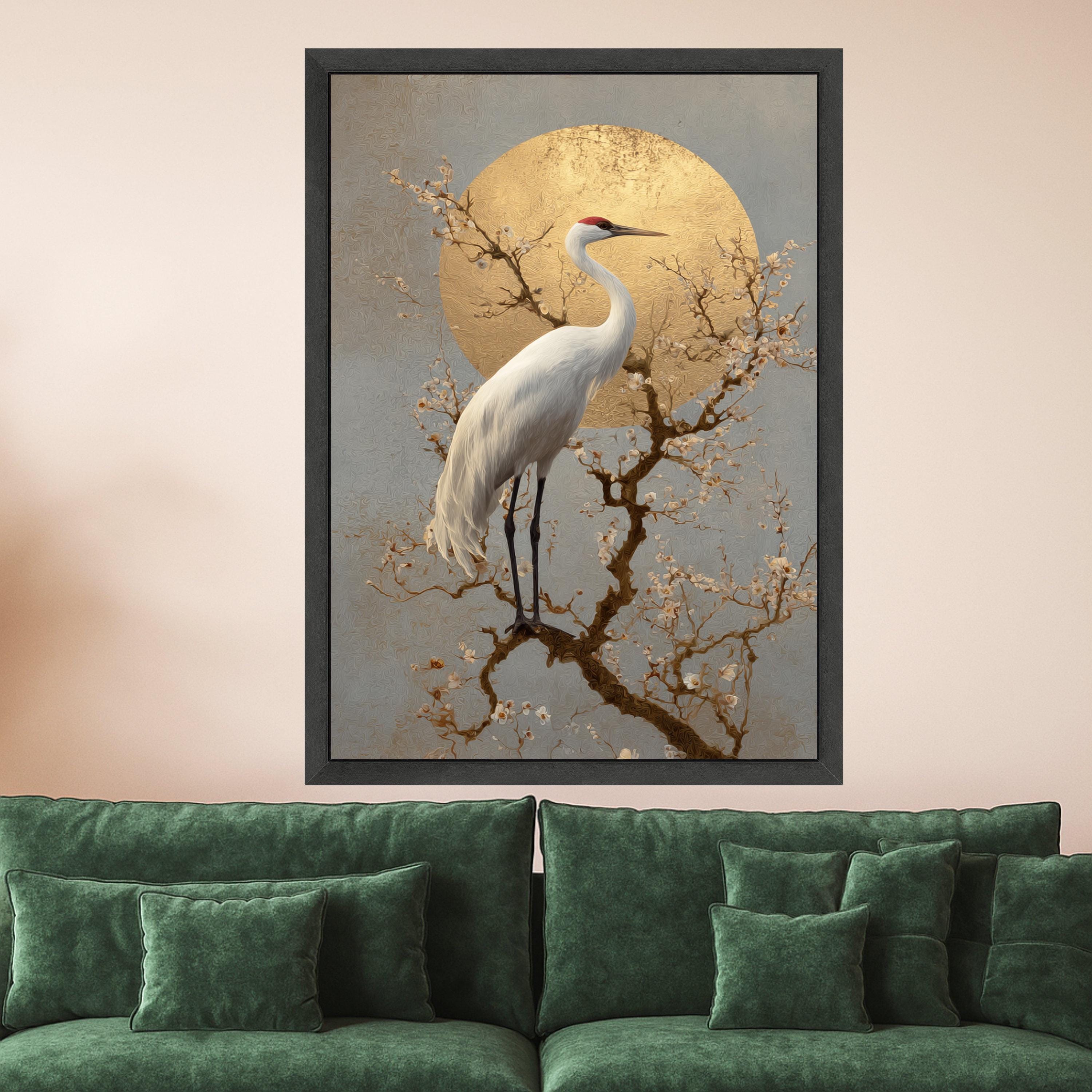 Elegant Crane with Blossoming Branches Canvas, Gold Sun Wall Art, Asian Inspired Nature Scene, Tranquil Bird Decor, Ready to Hang Canvas