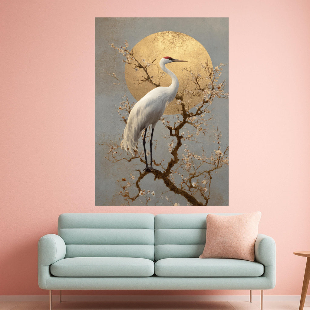 Elegant Crane with Blossoming Branches Canvas, Gold Sun Wall Art, Asian Inspired Nature Scene, Tranquil Bird Decor, Ready to Hang Canvas