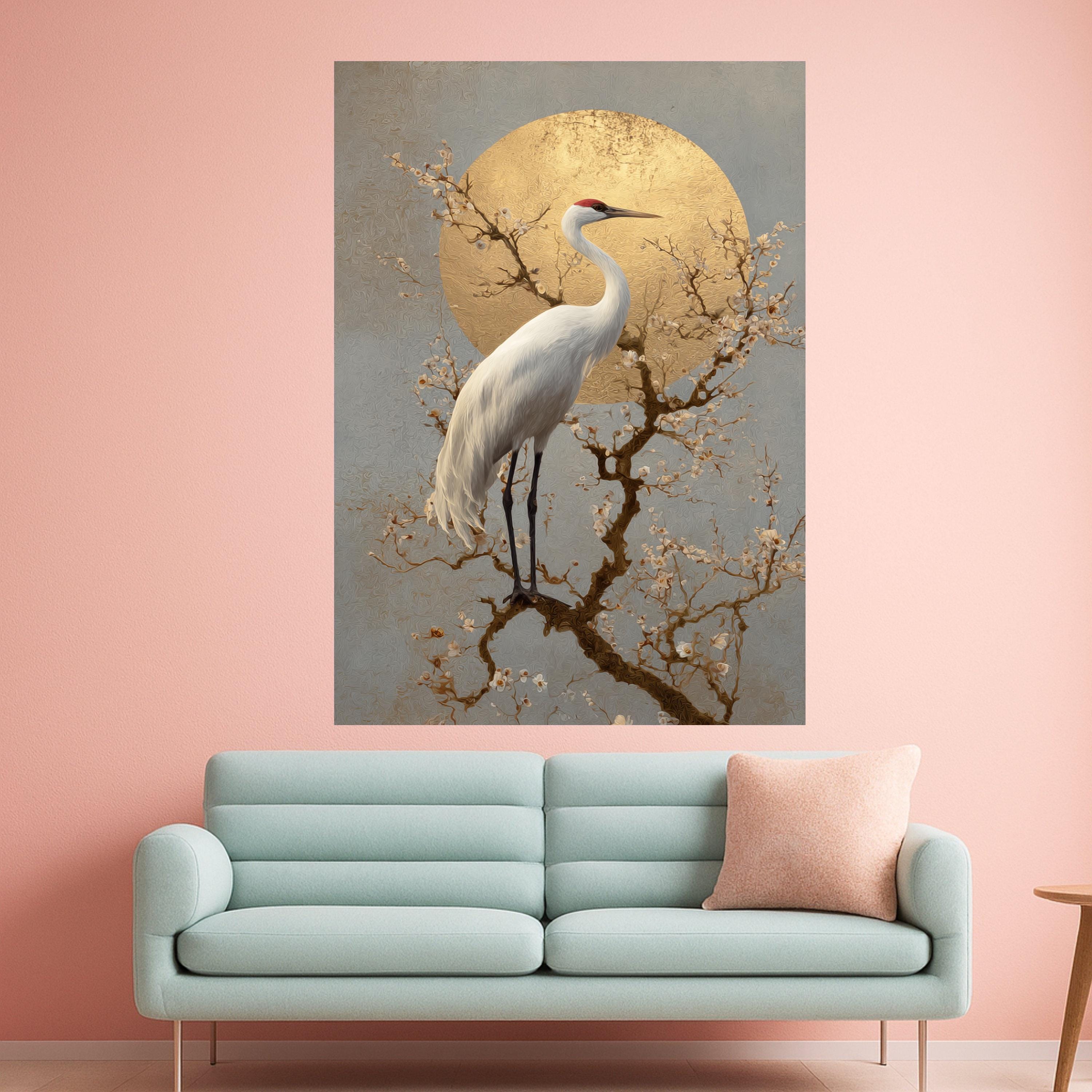 Elegant Crane with Blossoming Branches Canvas, Gold Sun Wall Art, Asian Inspired Nature Scene, Tranquil Bird Decor, Ready to Hang Canvas