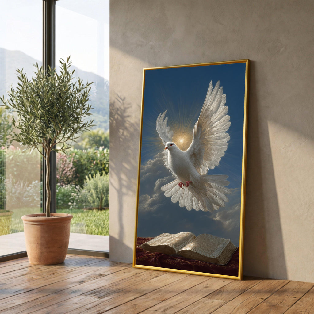 White Dove Flying Over Open Bible Canvas, Spiritual Wall Art, Religious Home Decor, Peaceful Faith Canvas, Inspirational Christian Artwork