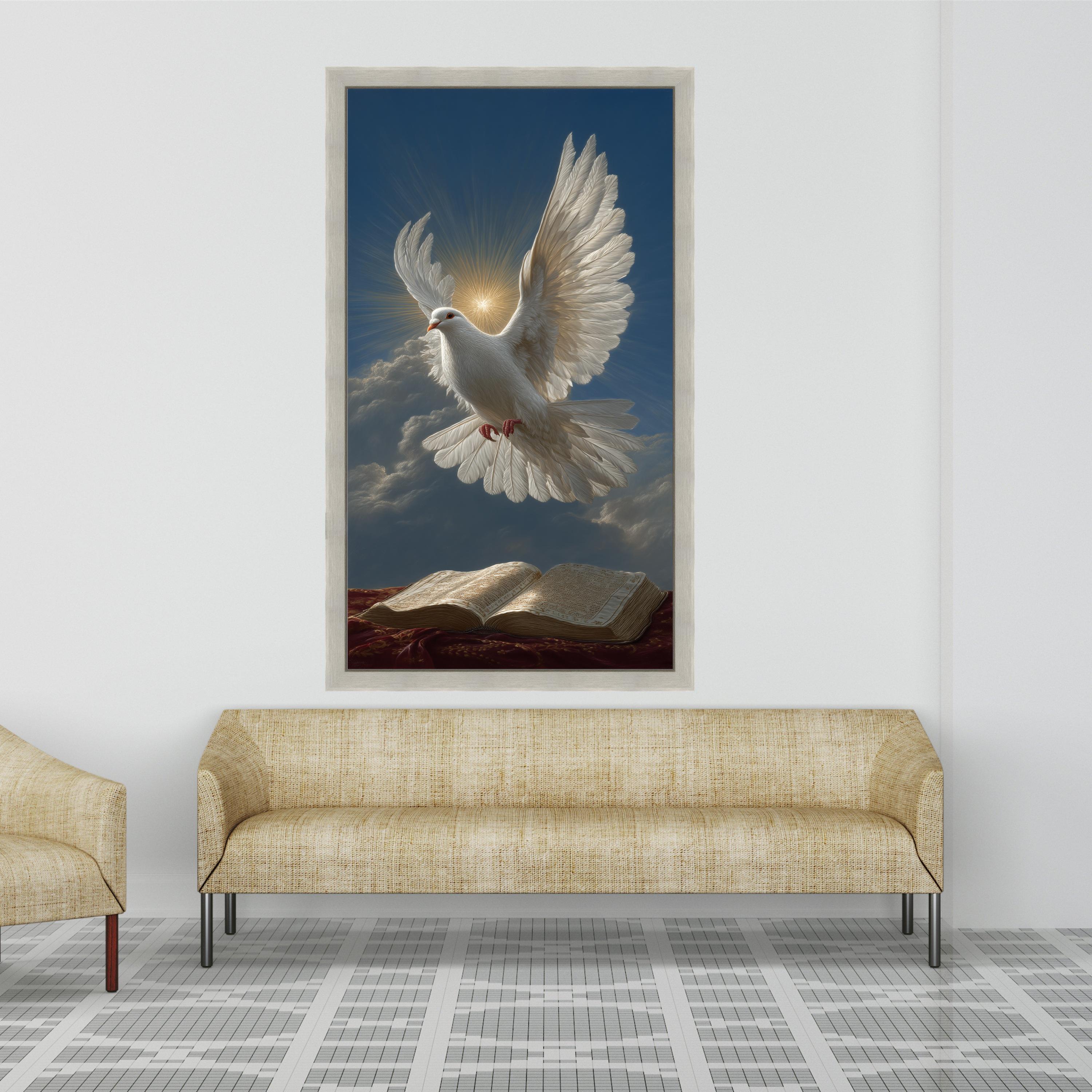 White Dove Flying Over Open Bible Canvas, Spiritual Wall Art, Religious Home Decor, Peaceful Faith Canvas, Inspirational Christian Artwork