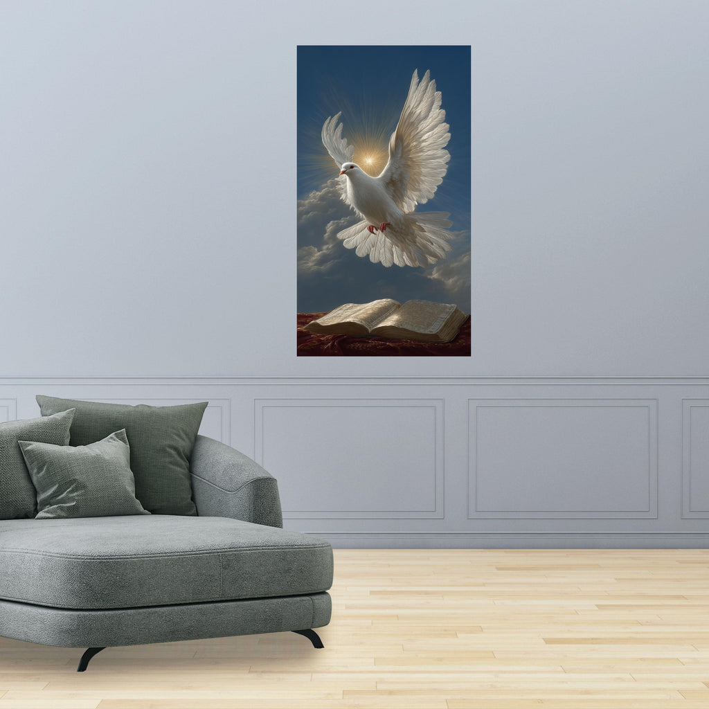 White Dove Flying Over Open Bible Canvas, Spiritual Wall Art, Religious Home Decor, Peaceful Faith Canvas, Inspirational Christian Artwork