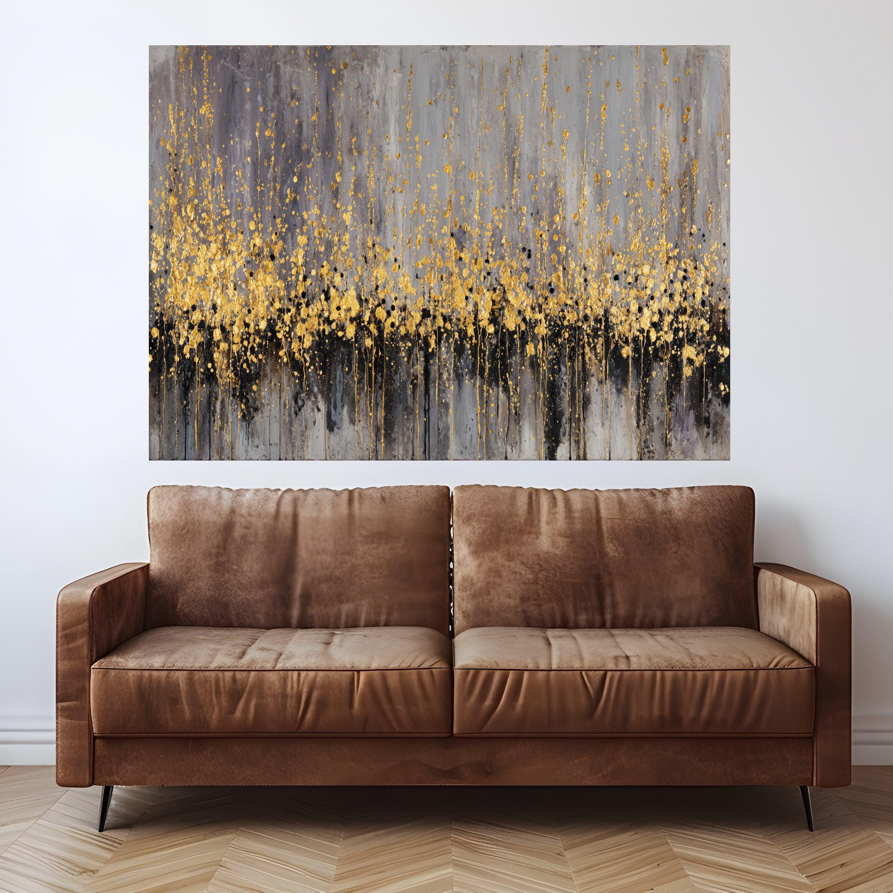 Abstract Gold Splatter Canvas, Modern Metallic Wall Art, Gray Black Accent, Home Decoration, Contemporary Canvas Painting