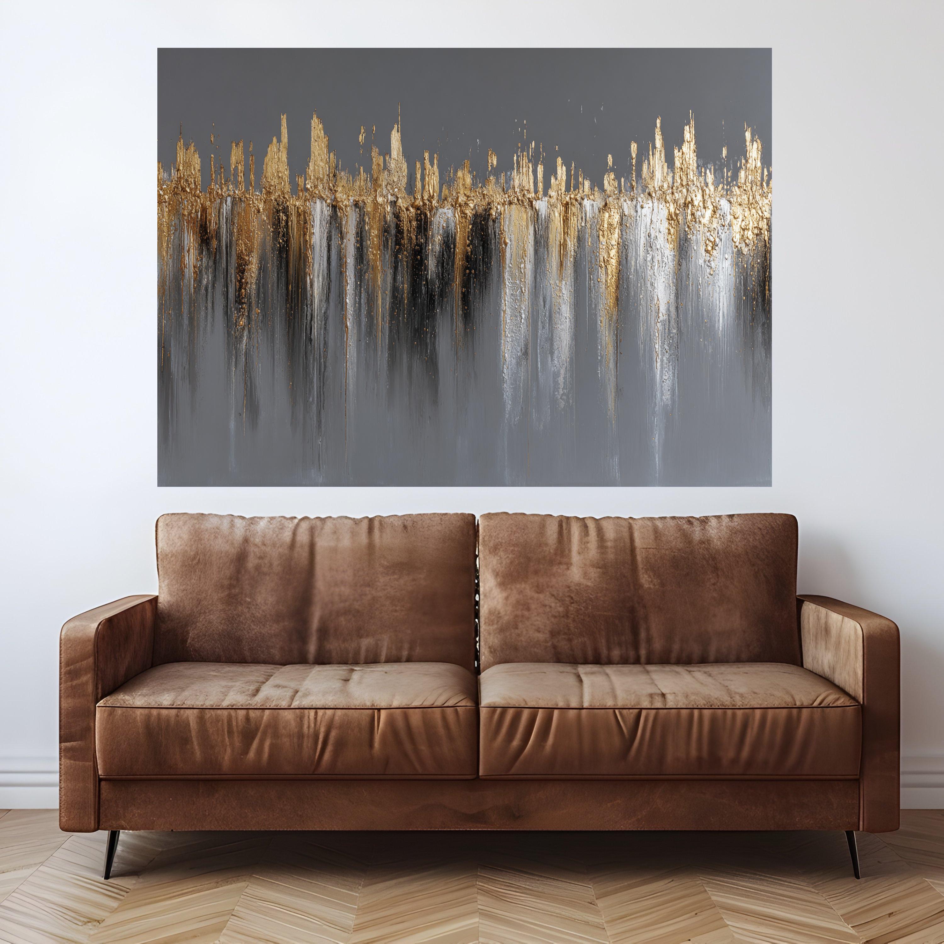 Modern Abstract Gold Canvas, Metallic Wall Art, Neutral Grey Background, Contemporary Home Decor, Luxury Canvas Painting