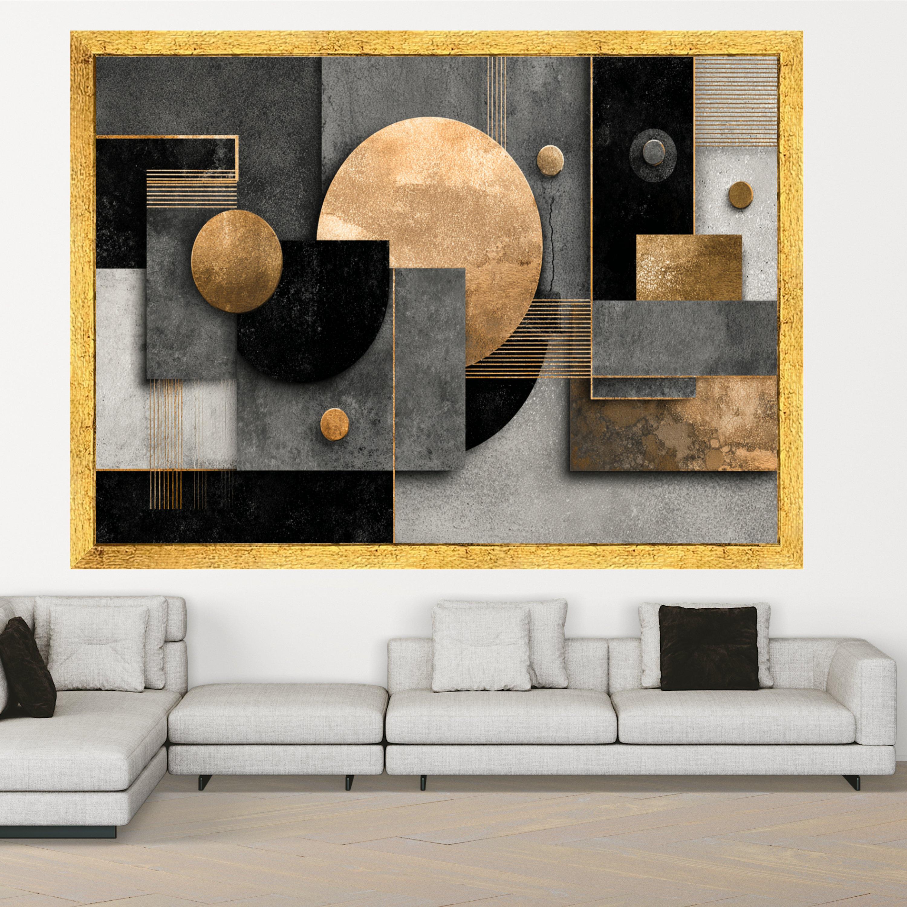 Modern Geometric Abstract Canvas Wall Art, Gold and Black Shapes, Minimalist Home Decor, Metallic Accents, Contemporary Canvas Design