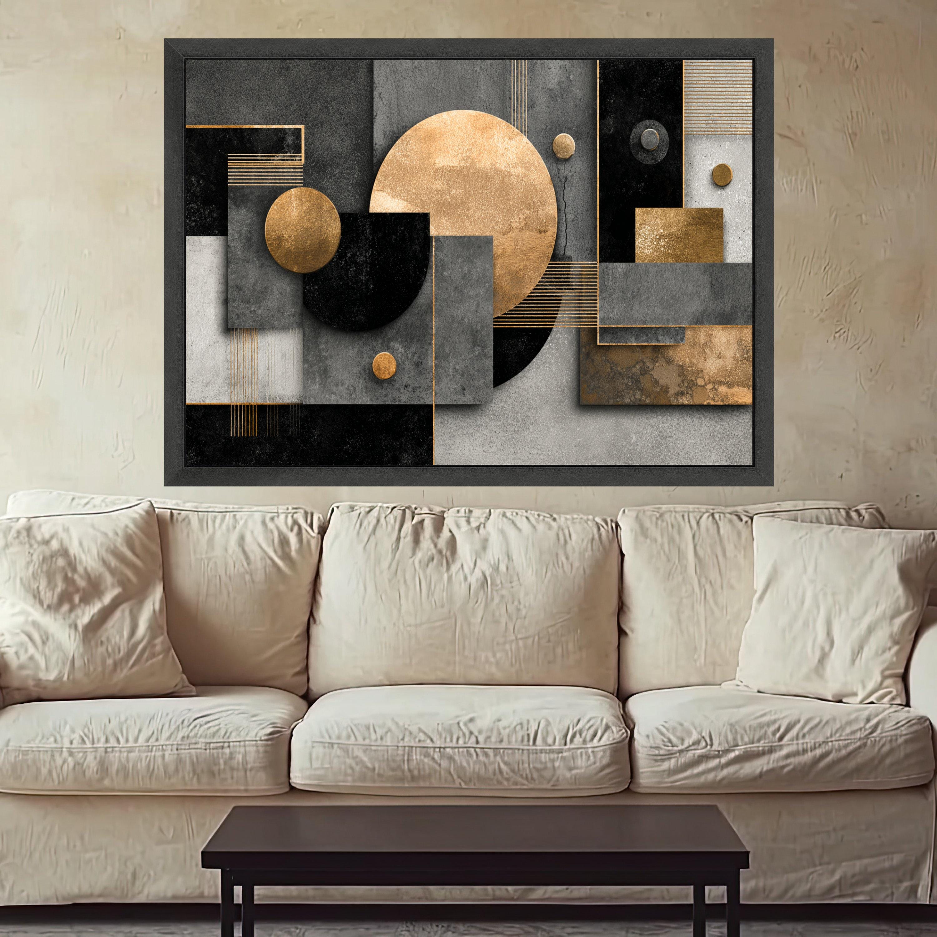 Modern Geometric Abstract Canvas Wall Art, Gold and Black Shapes, Minimalist Home Decor, Metallic Accents, Contemporary Canvas Design