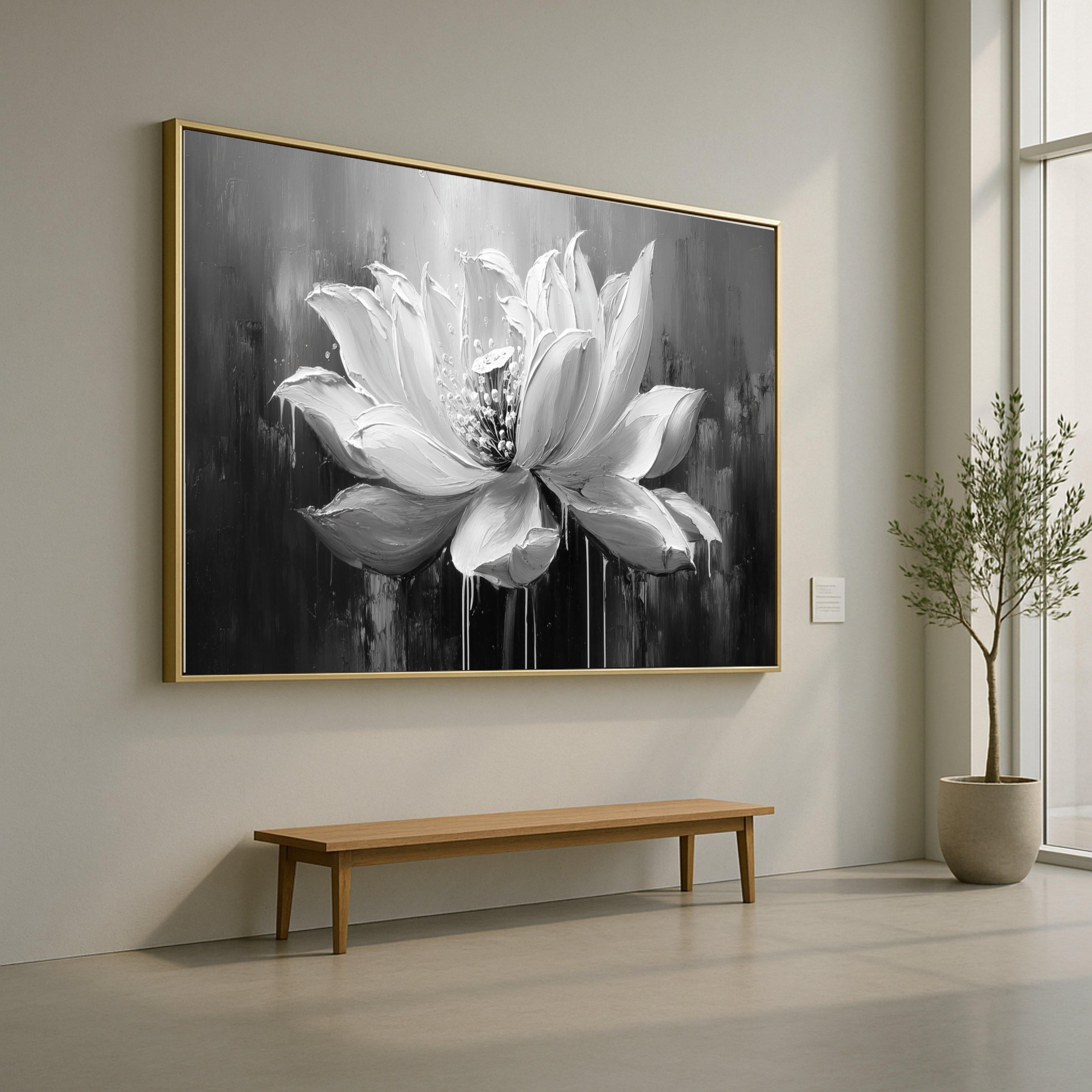 Monochrome Lotus Bloom Canvas, Floral Wall Art, Black and White Flower Painting, Modern Home Decoration Canvas