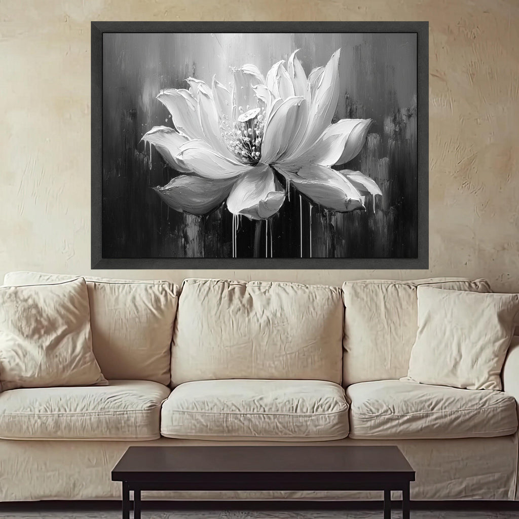 Monochrome Lotus Bloom Canvas, Floral Wall Art, Black and White Flower Painting, Modern Home Decoration Canvas