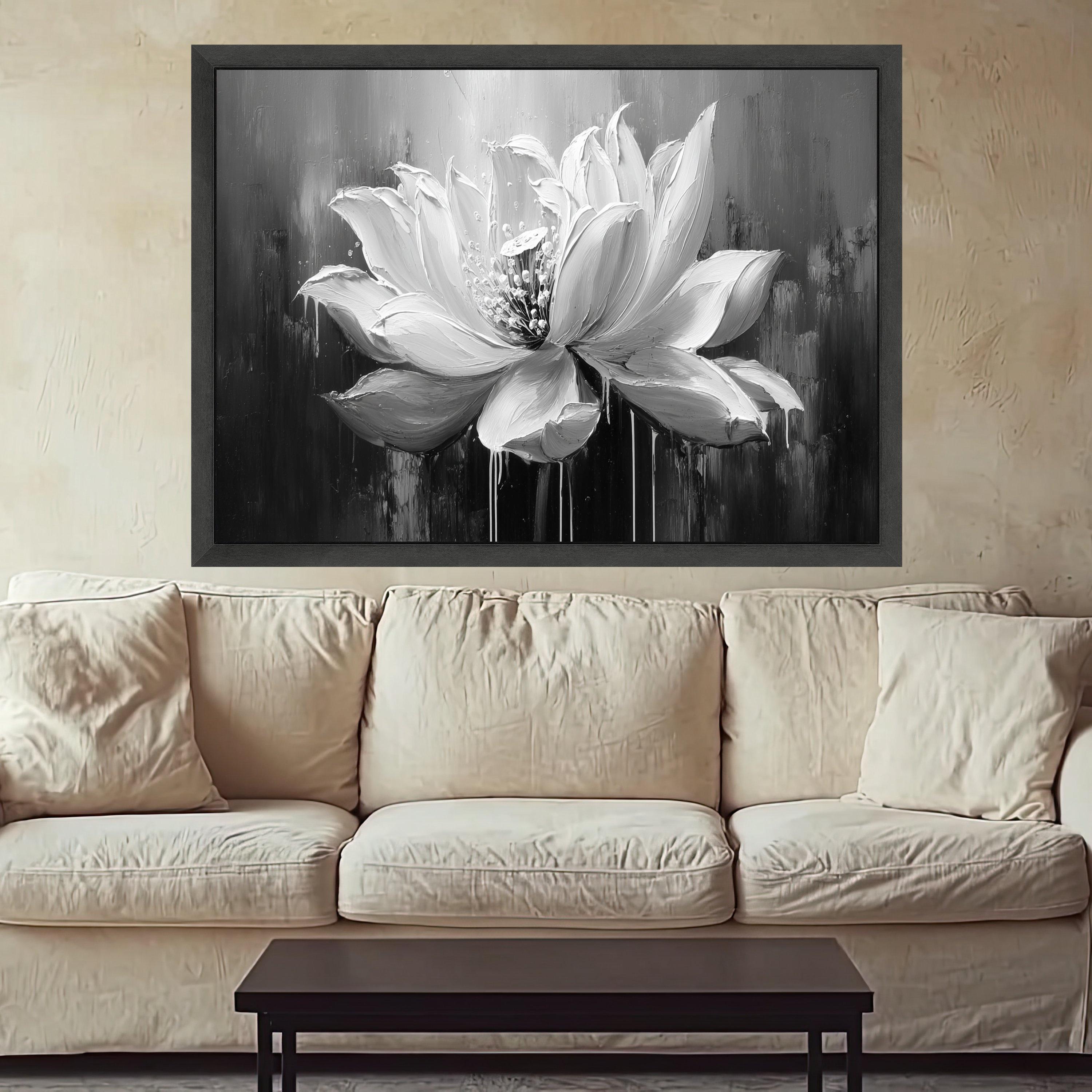 Monochrome Lotus Bloom Canvas, Floral Wall Art, Black and White Flower Painting, Modern Home Decoration Canvas