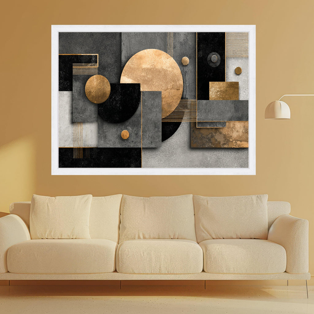 Modern Geometric Gold and Black Canvas Wall Art, Abstract Shapes Print, Contemporary Home Decor, Metallic Accent Canvas Painting