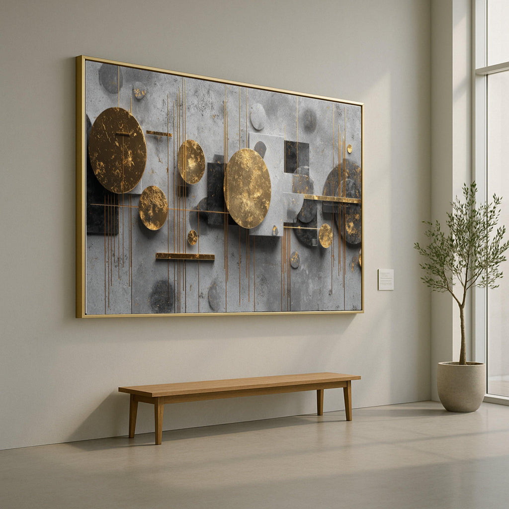 Modern Abstract Geometric Canvas Wall Art, Gold and Gray Circle Design, Contemporary Home Decoration, Ready to Hang Artwork