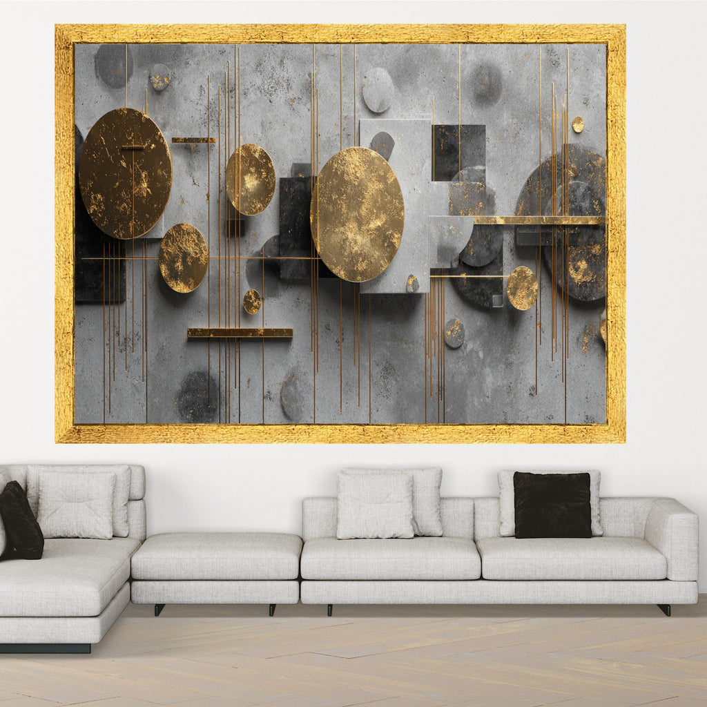 Modern Abstract Geometric Canvas Wall Art, Gold and Gray Circle Design, Contemporary Home Decoration, Ready to Hang Artwork