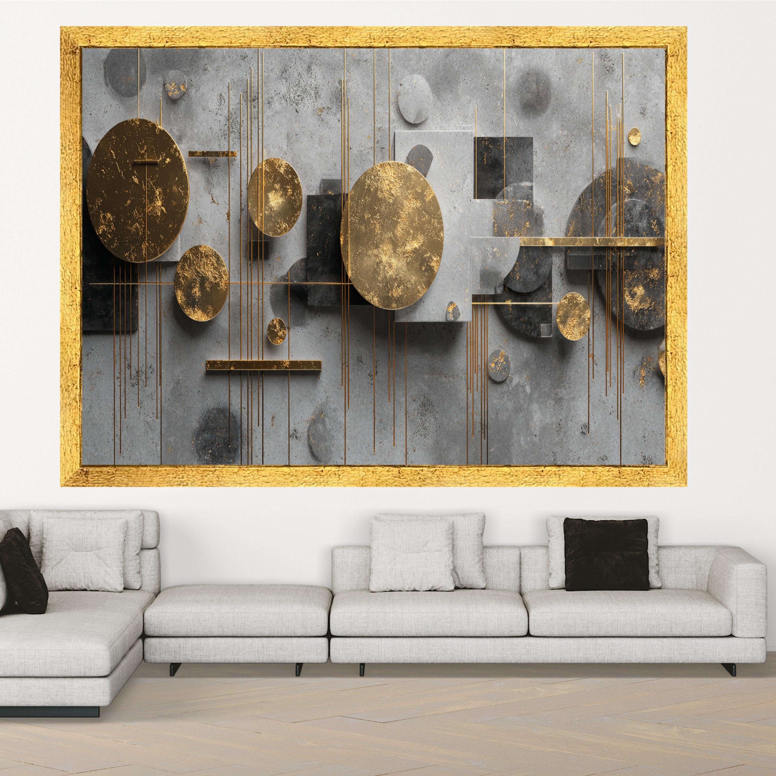 Modern Abstract Geometric Canvas Wall Art, Gold and Gray Circle Design, Contemporary Home Decoration, Ready to Hang Artwork