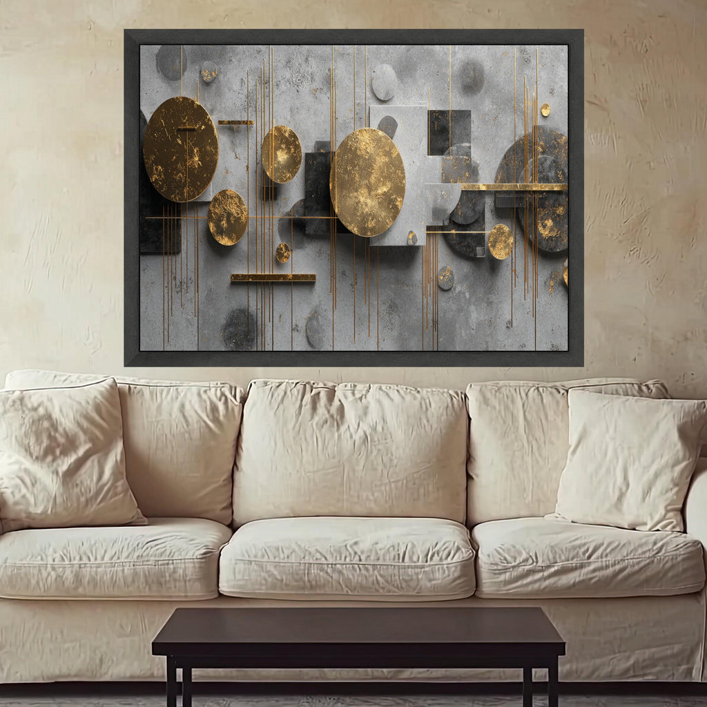 Modern Abstract Geometric Canvas Wall Art, Gold and Gray Circle Design, Contemporary Home Decoration, Ready to Hang Artwork