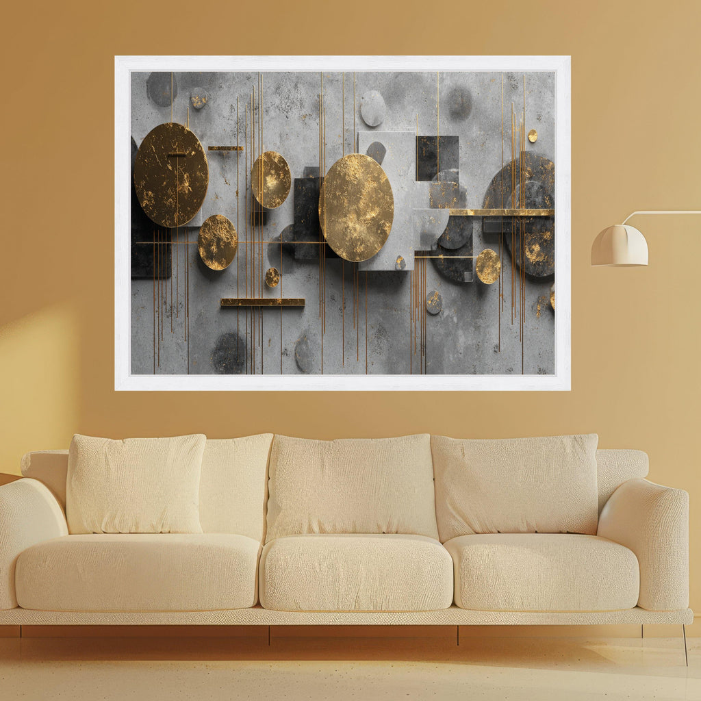 Modern Abstract Geometric Canvas Wall Art, Gold and Gray Circle Design, Contemporary Home Decoration, Ready to Hang Artwork