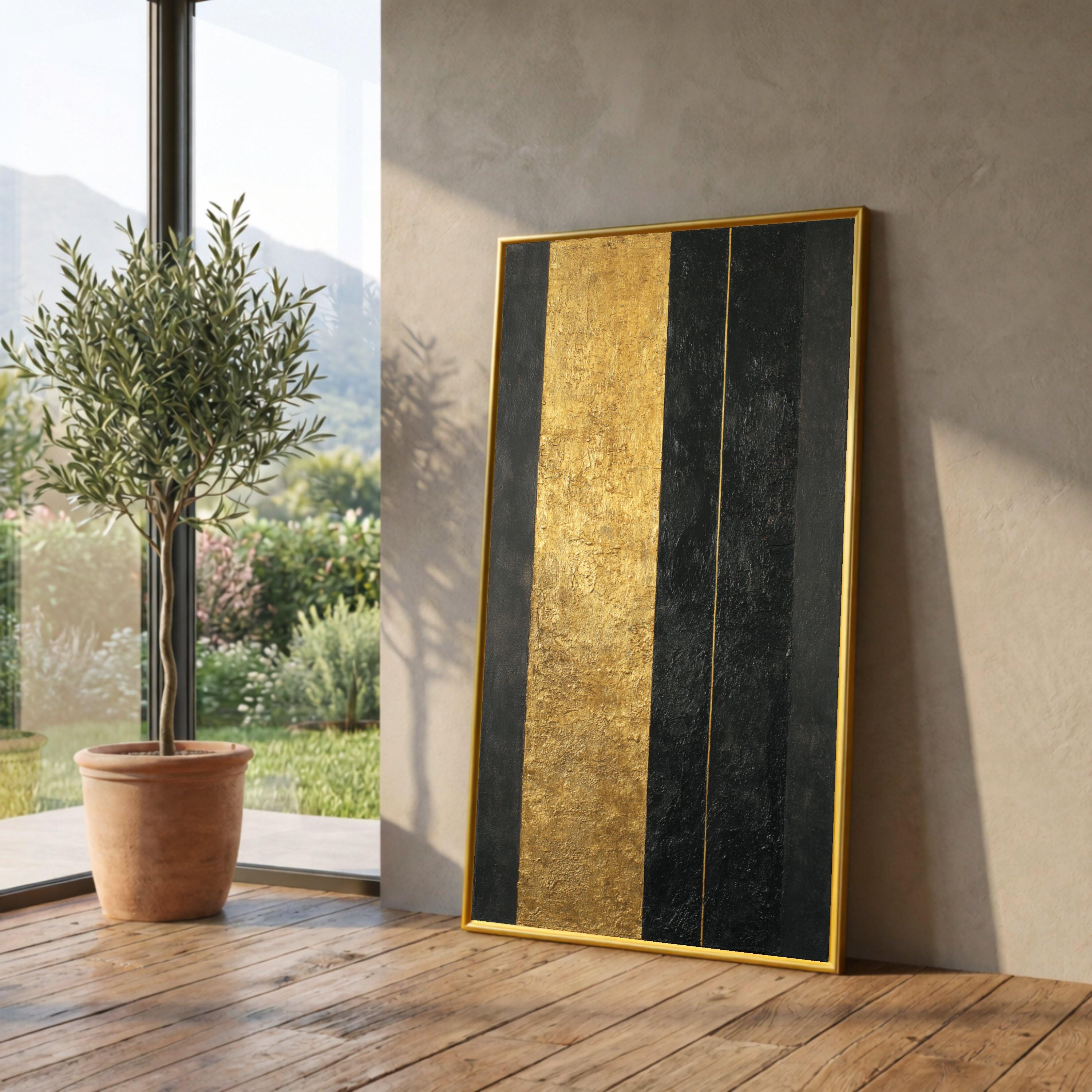 Modern Abstract Gold and Black Canvas, Geometric Wall Art, Elegant Vertical Stripes, Contemporary Home Decoration, Ready to Hang