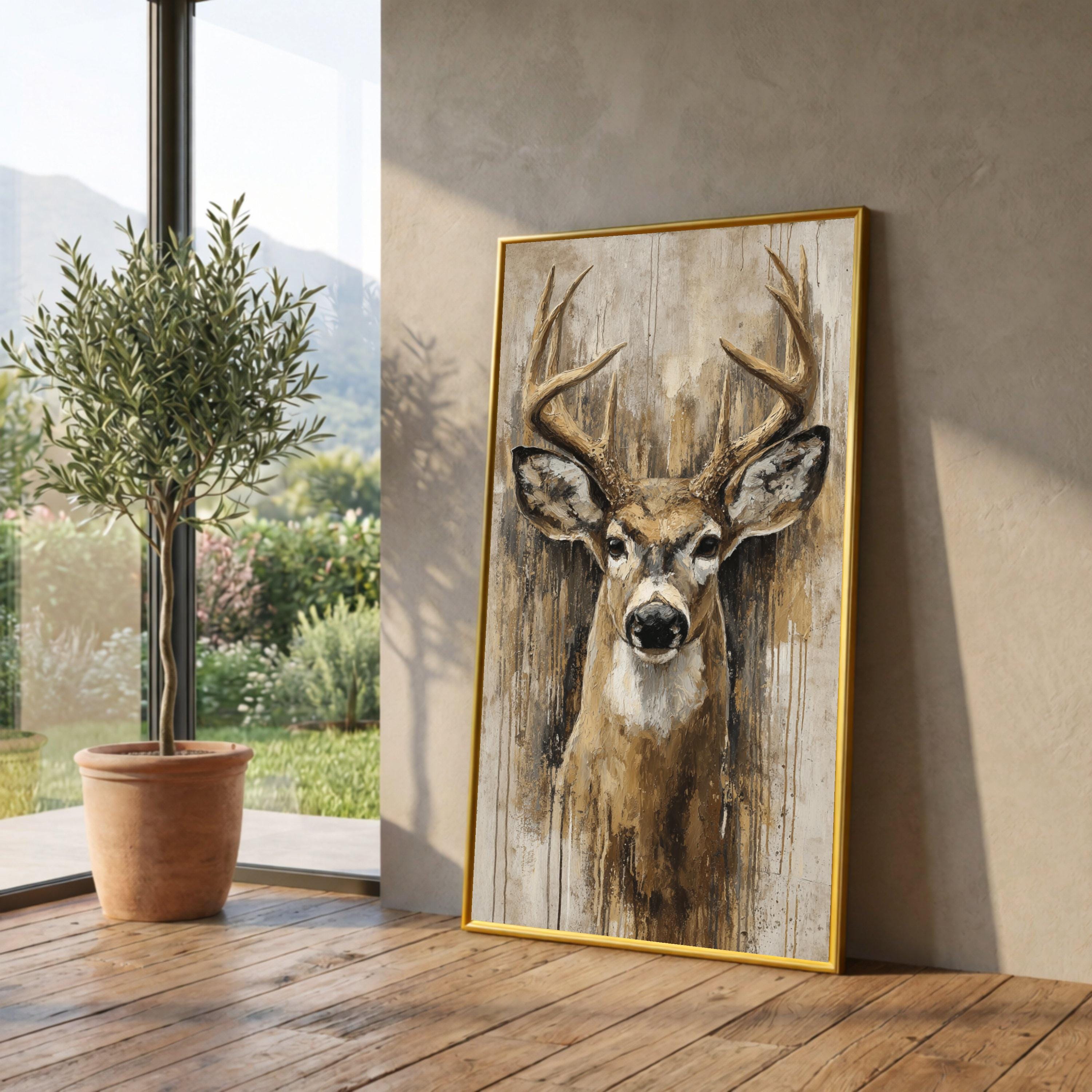 Majestic Deer Portrait Canvas, Rustic Wildlife Wall Art, Nature Animal Painting, Cabin Decor Canvas, Ready to Hang Deer Artwork